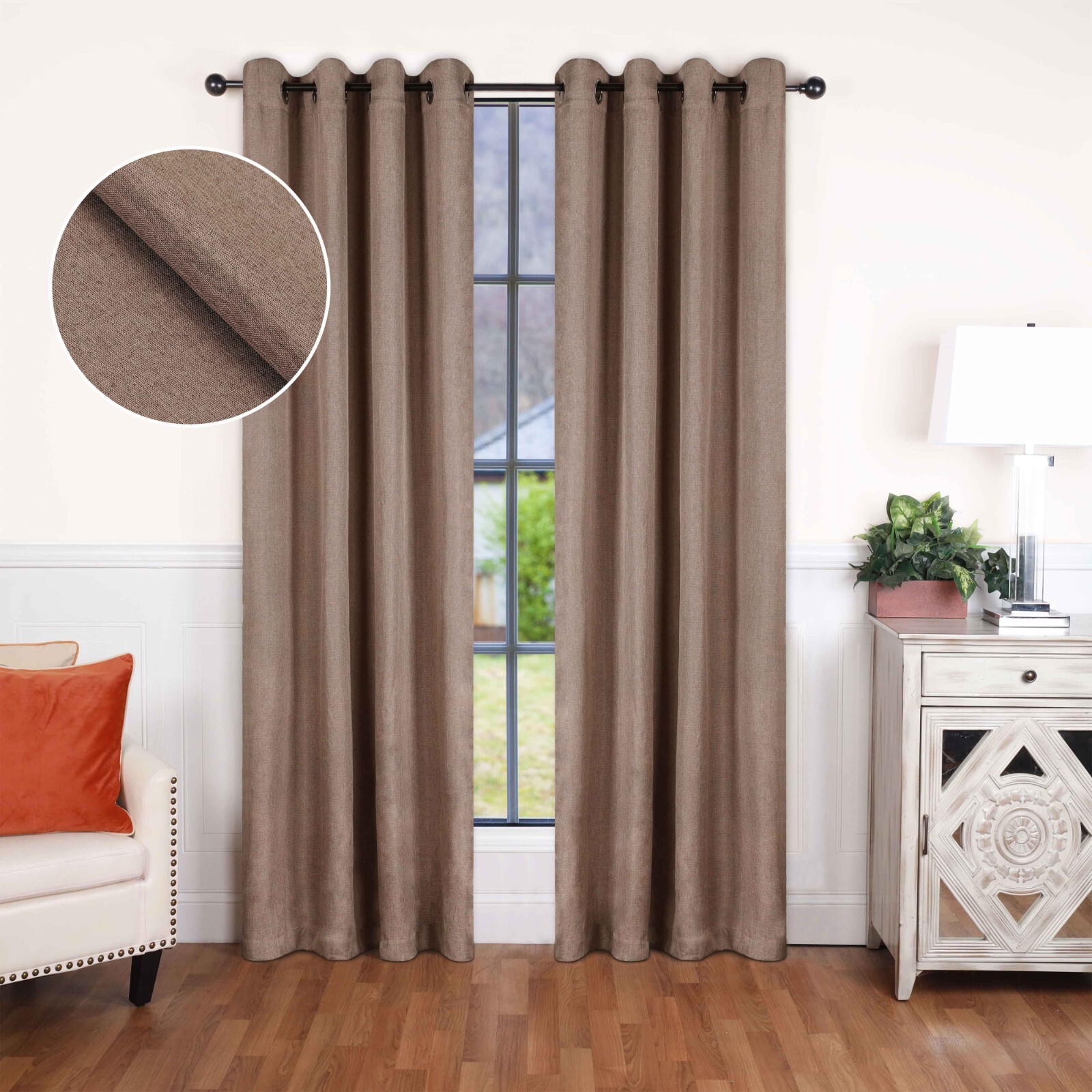 Linen Pattern Washable Semi Blackout Curtains, Set of 2 Panels