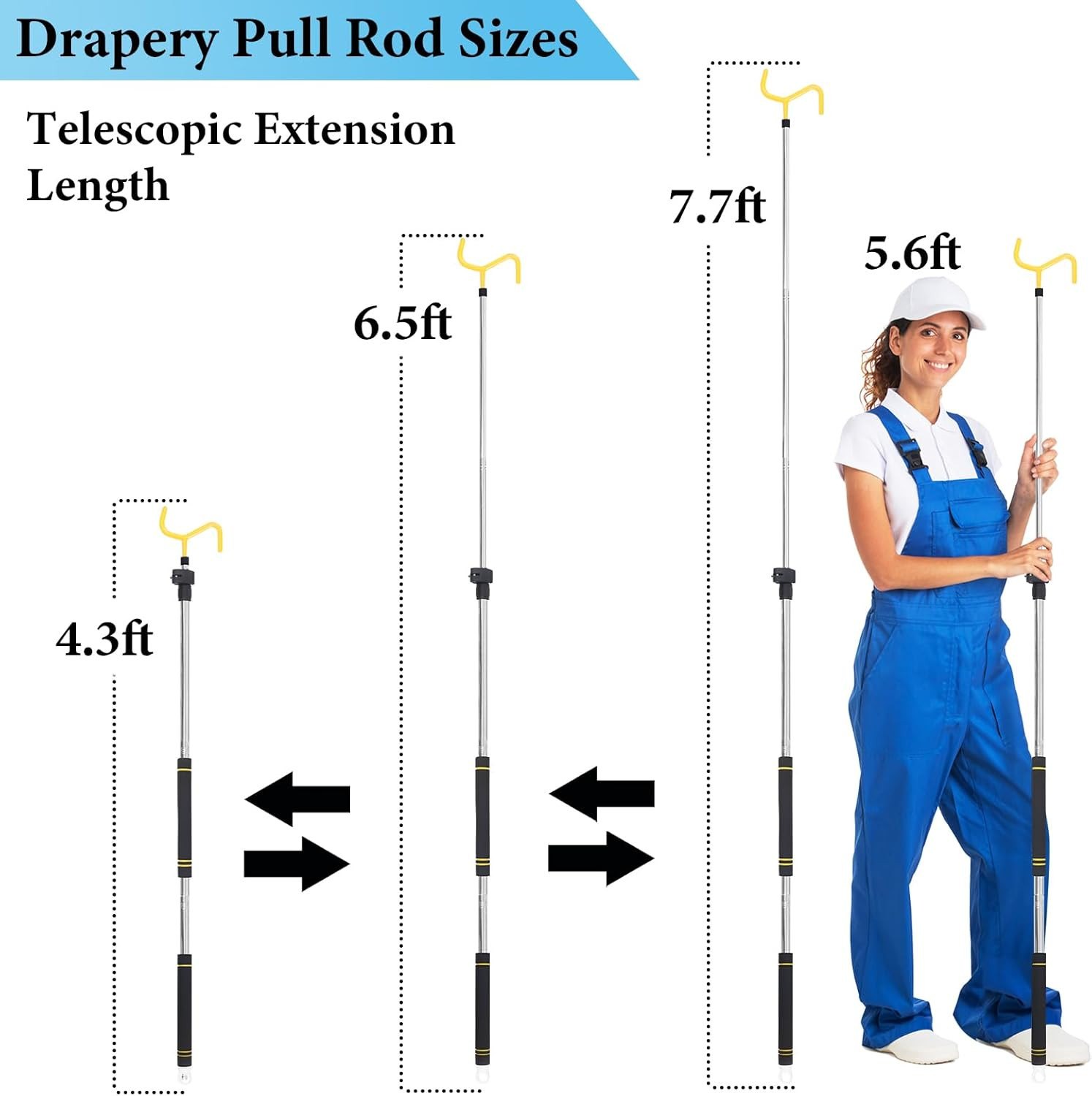 Curtain Pull Wand, Drapery Pull Rod for Curtains Adjustable 3-7.7 Feet Telescopi