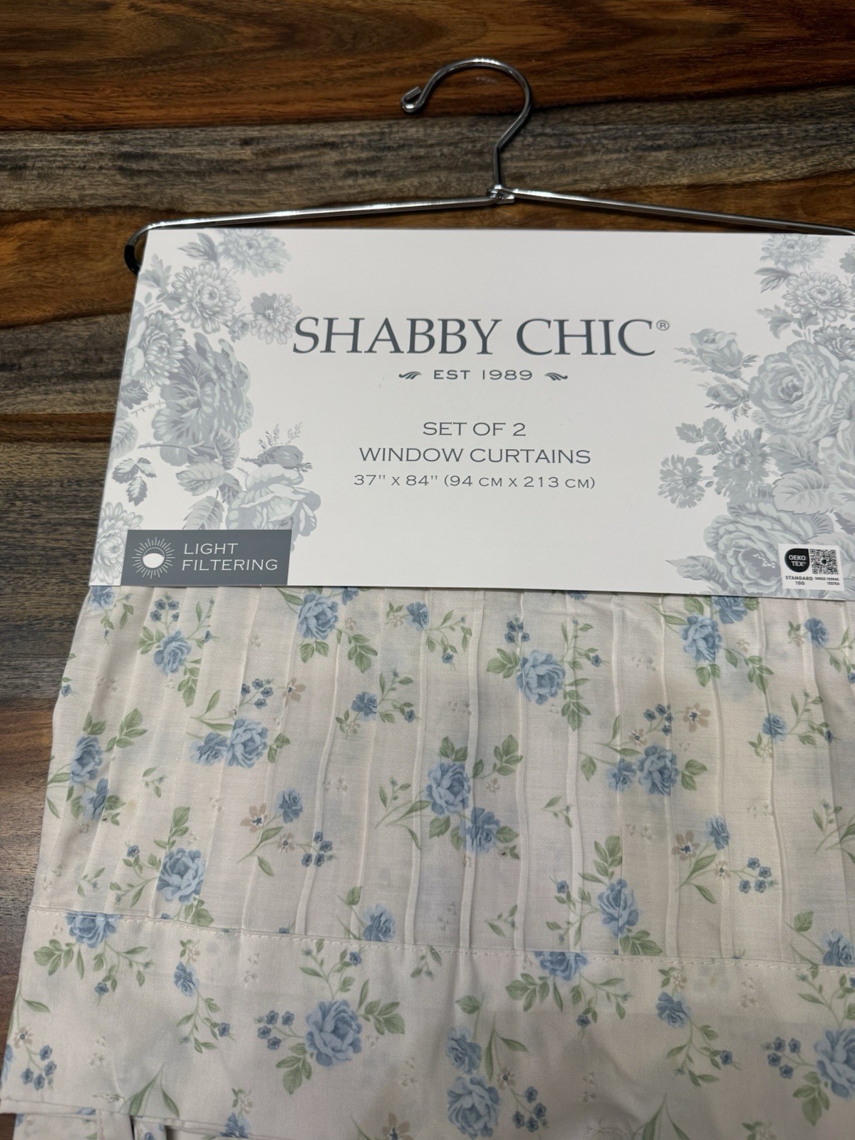 Shabby Chic Set Of 2 Floral Window Curtains Blue Rose Light Filtering 37”x84”