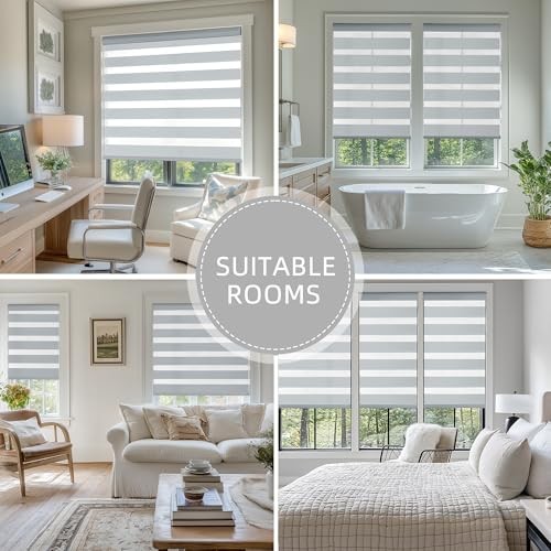 Cordless Zebra Blinds for Windows, Dual Layer Free-Stop 32″W x 72″H Light Grey