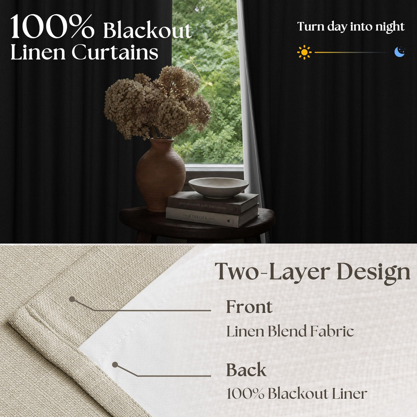102 Inch Blackout Linen Pleated Curtains for Bedroom Living Room Darkening Pi…