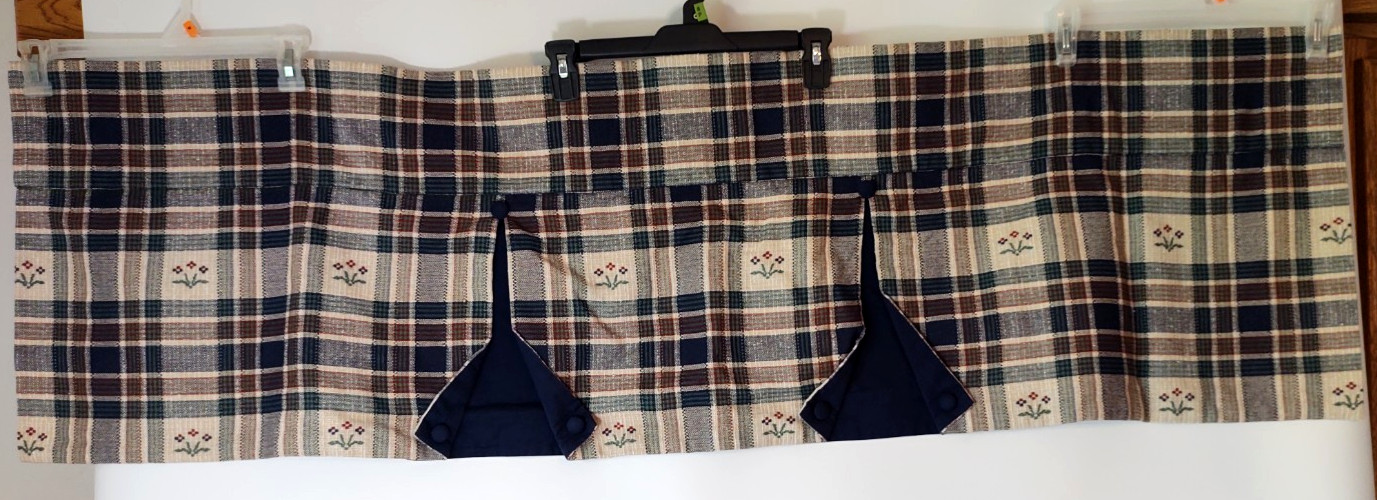2 Rustic Country Plaid Checked Valances with Buttons & Flowers~56 in x 17 in