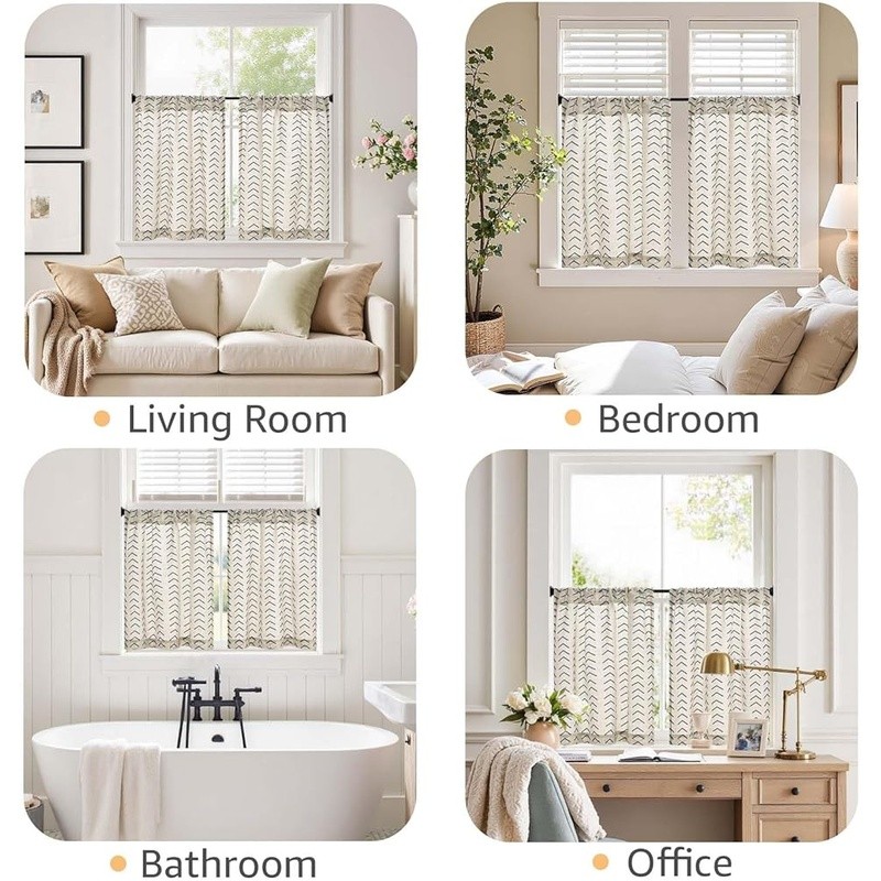 Boho Herringbone Kitchen Curtains Light Filtering Privacy Panels Linen Blend New