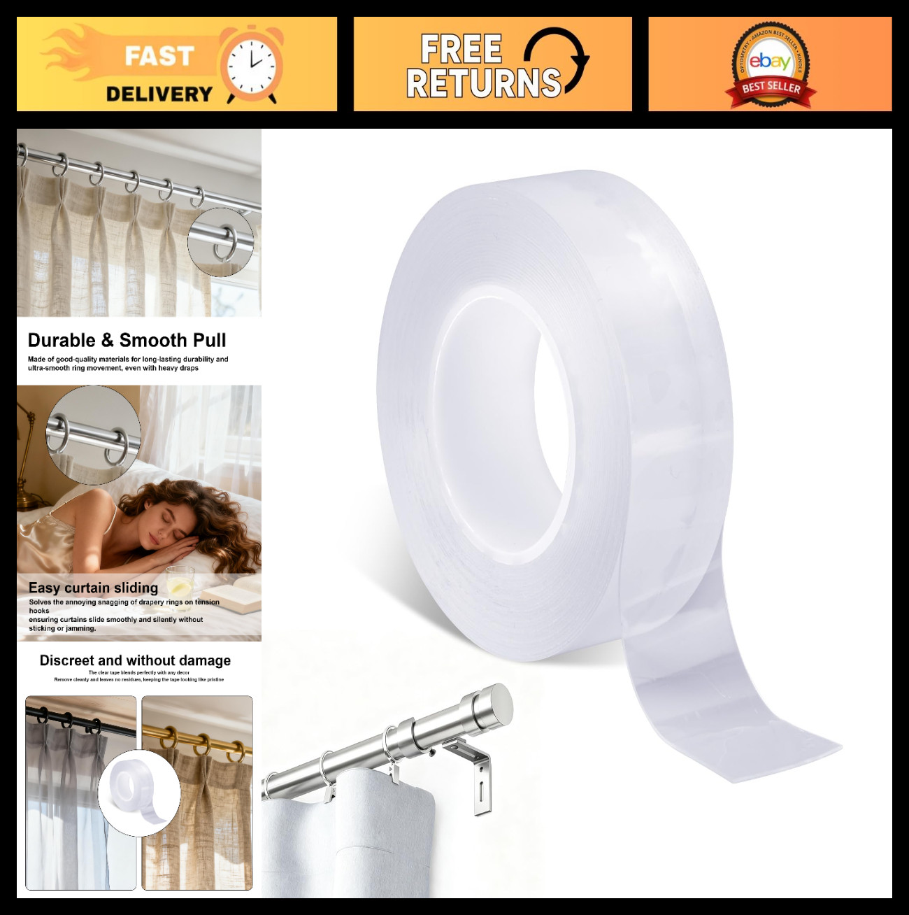2pcs Clear Curtain Drapery Glide Tape – Smooth Silent Rod Supply, 196in/5m