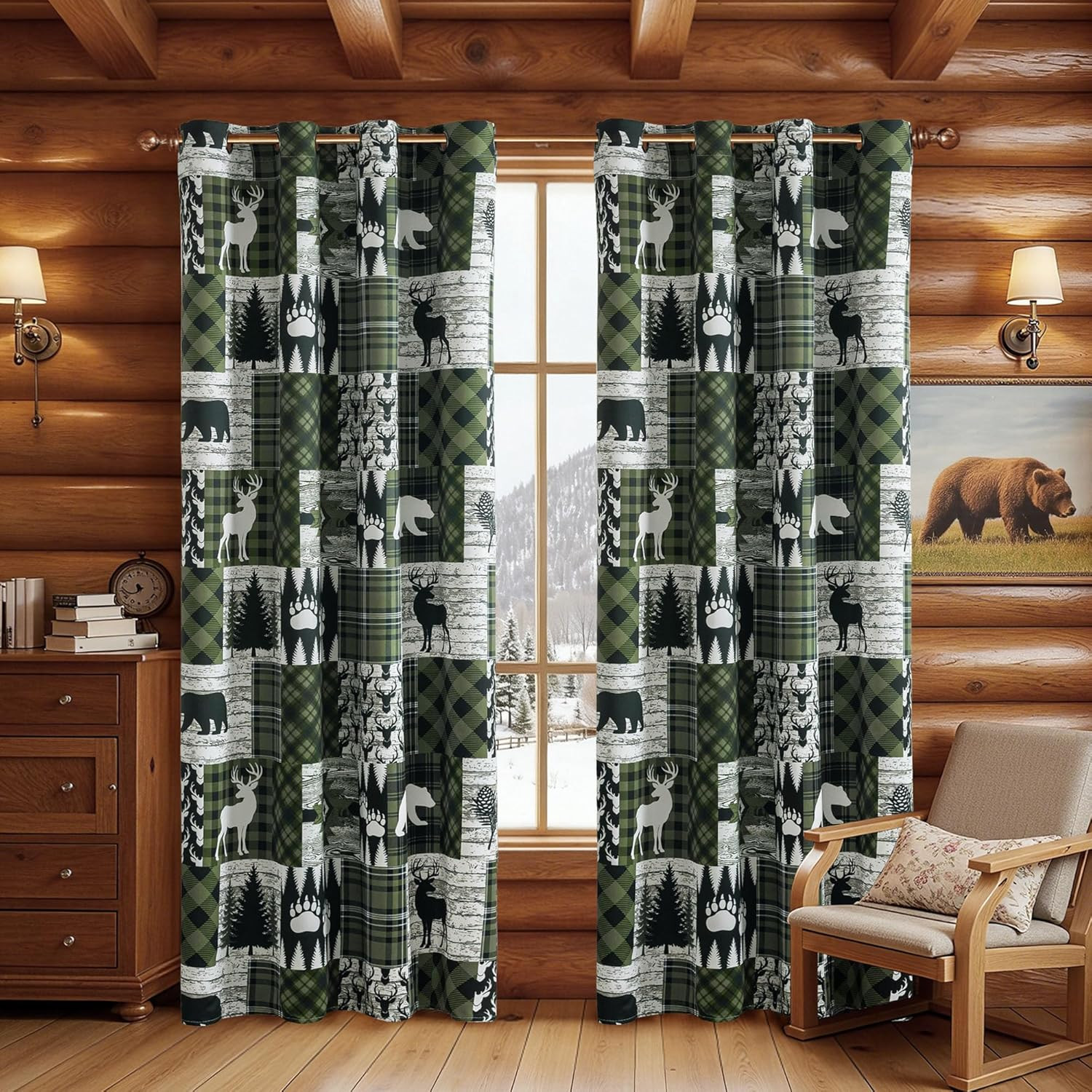Dark Green Rustic Cabin Curtains 2 Panels Country Curtain 50% Light Blocking Dar