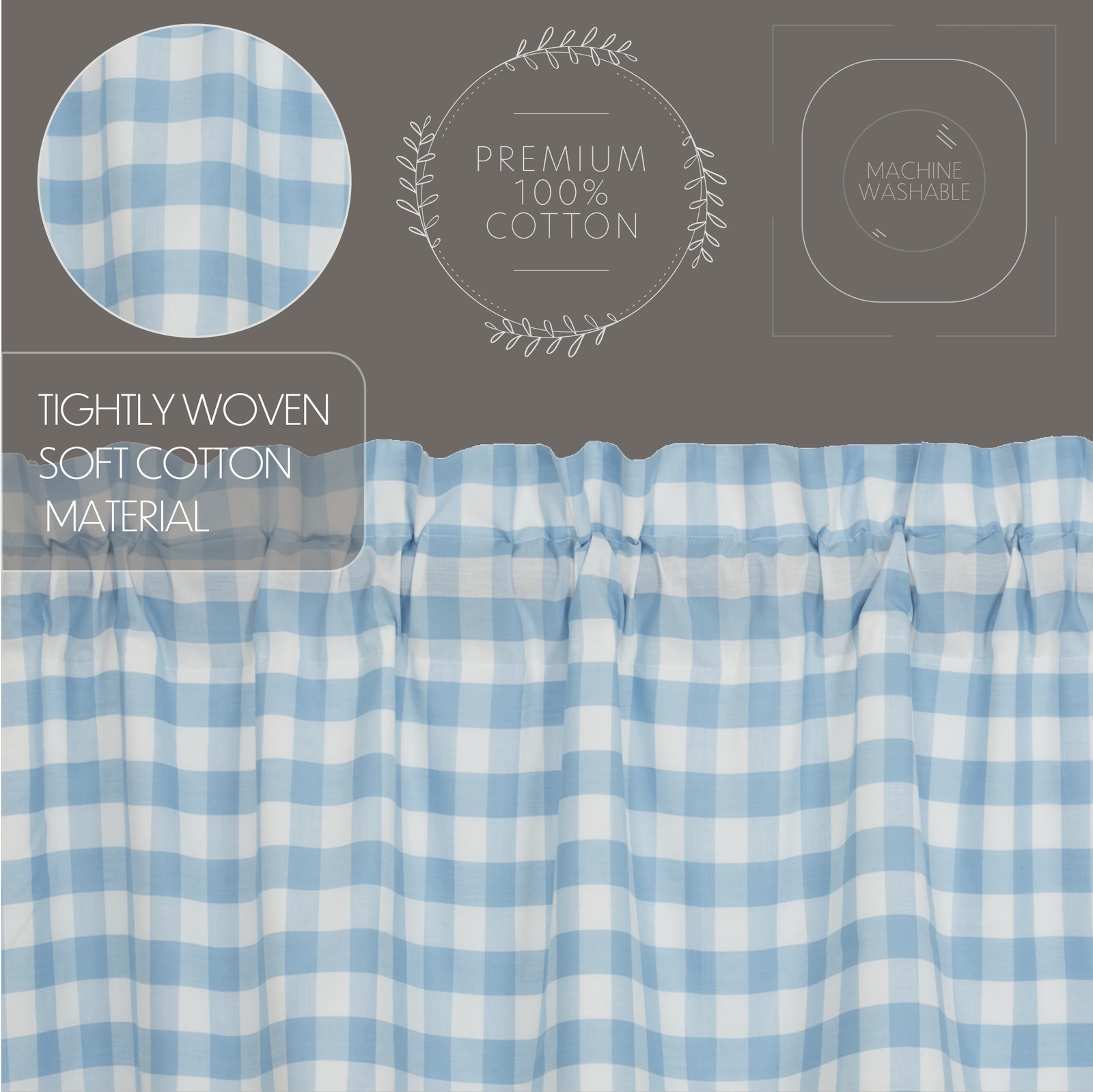 Annie Buffalo Check Blue Set (1 Valance 16×72 ; 2 Tier 24×36) VHC Brands