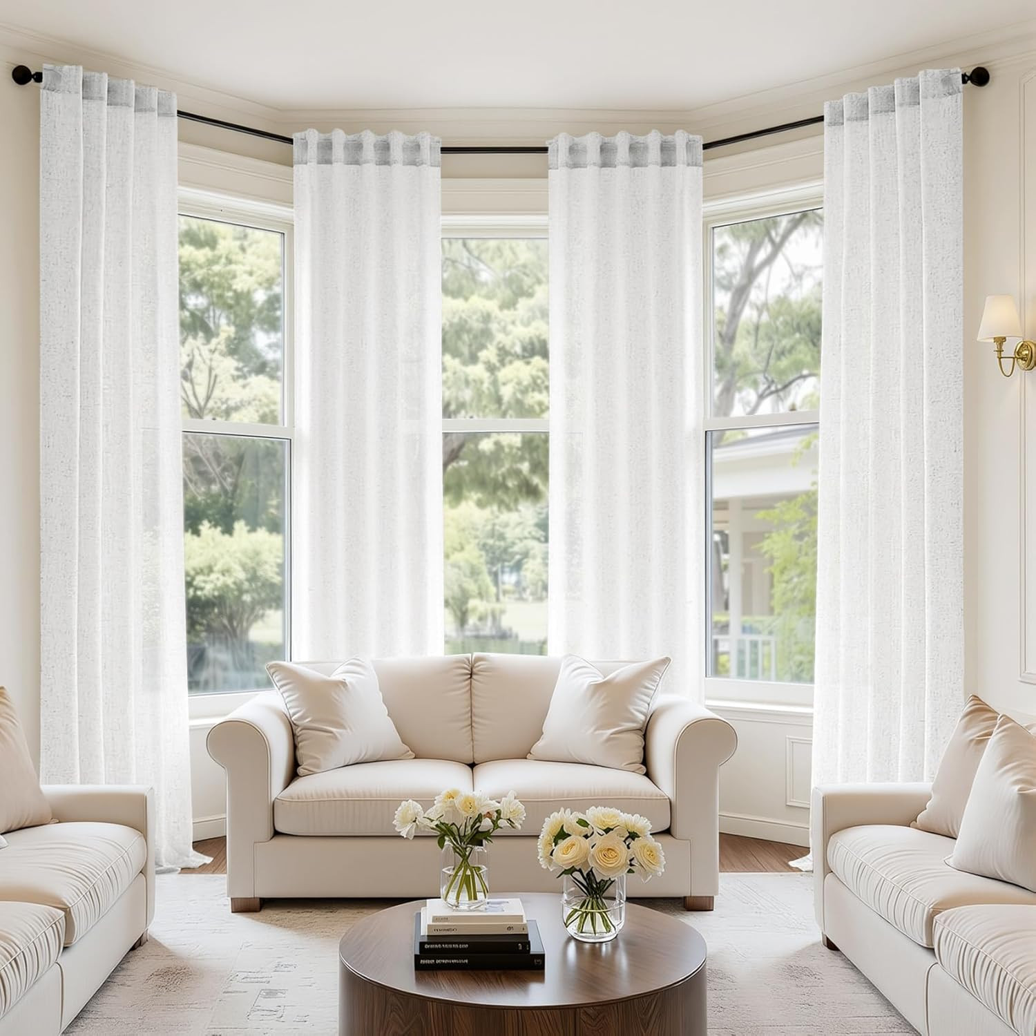 White Linen Curtains 84 Inch Long 4 Panels Light Filtering Window Drapes with Ro