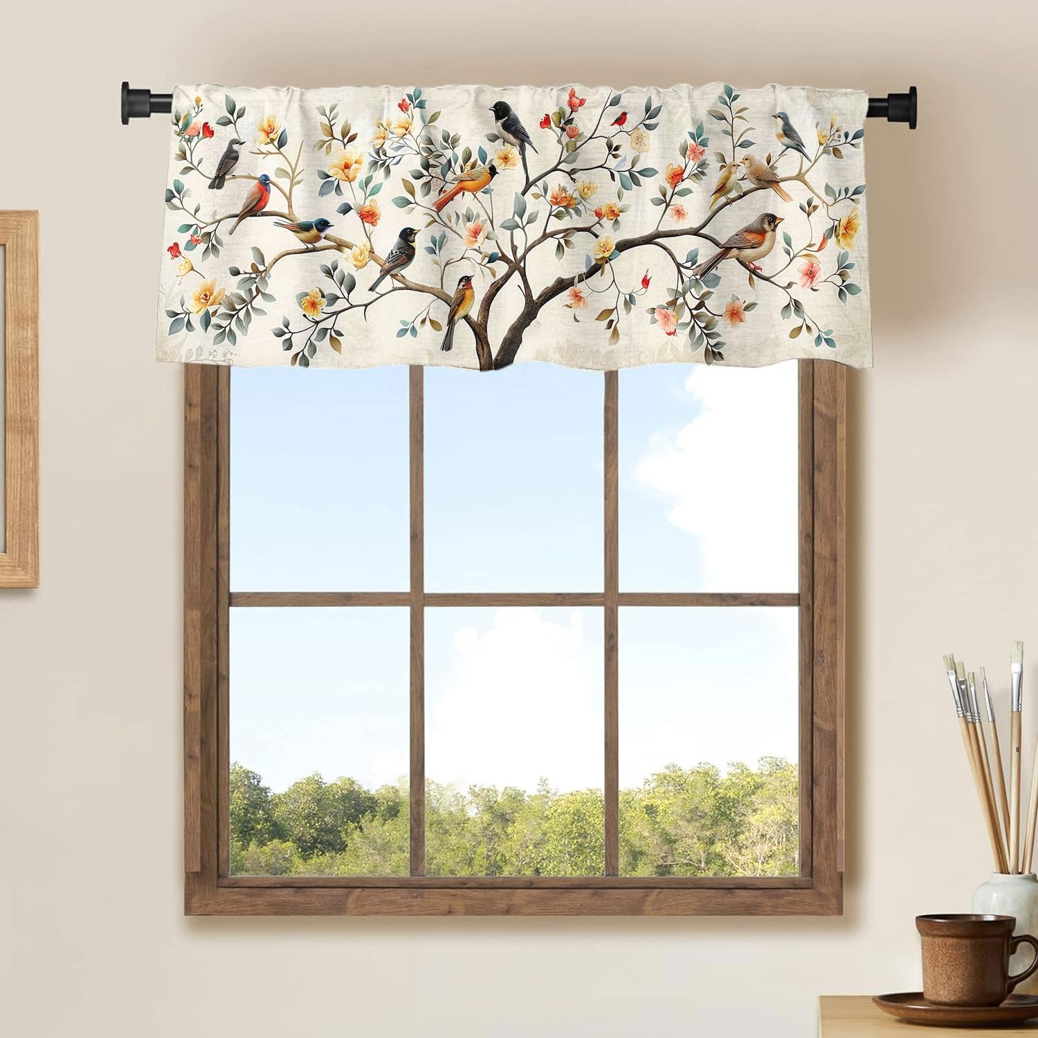 Bird Kitchen Curtain Valances Boho Tree Fallen Leaf Cartoon Beige Rod Pocket