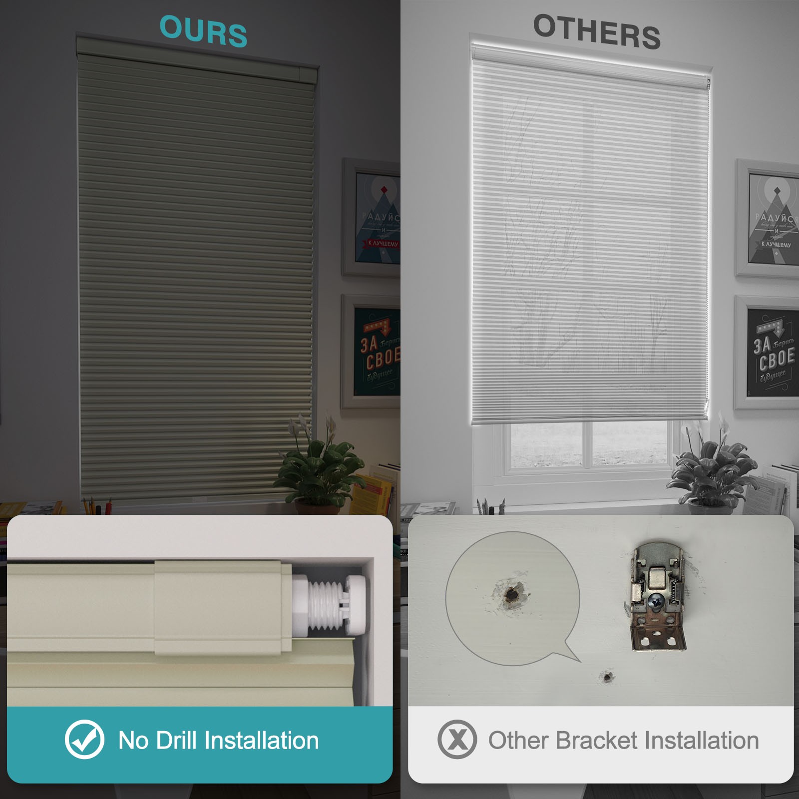Blackout No Drill No Tools Cordless 1.5” Cellular Shades Honeycombs for Window