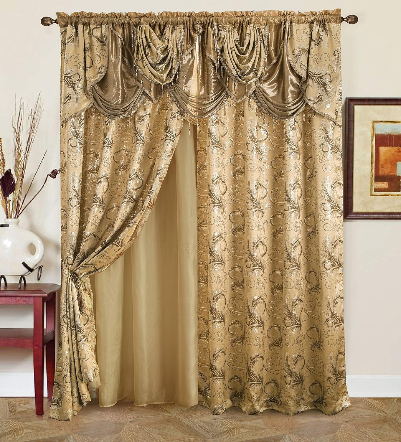 Jacquard Luxury Window 2 Panel Set Taupe Curtain with Attached Valance and Backi