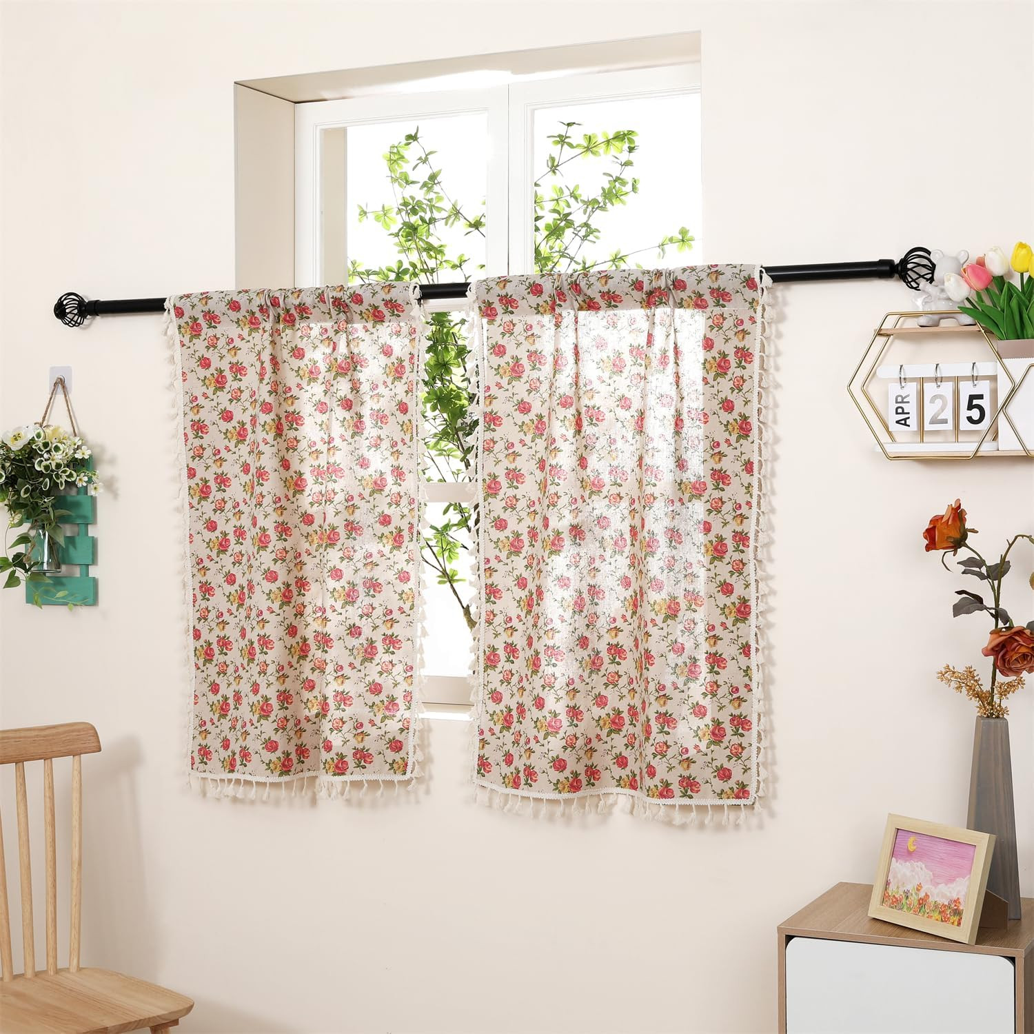 2 Panels Linen Tassels Curtains Farmhouse Red Rose Flower Vintage Semi Sheer Win