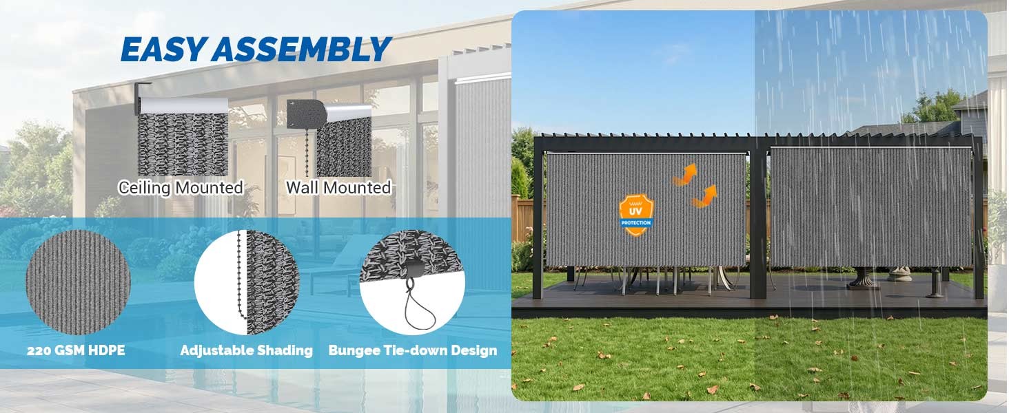 Outdoor Roller Shade, 10′(W) x 8′(H) Sun Shade Cover Canopy 220GSM HDPE with 99%