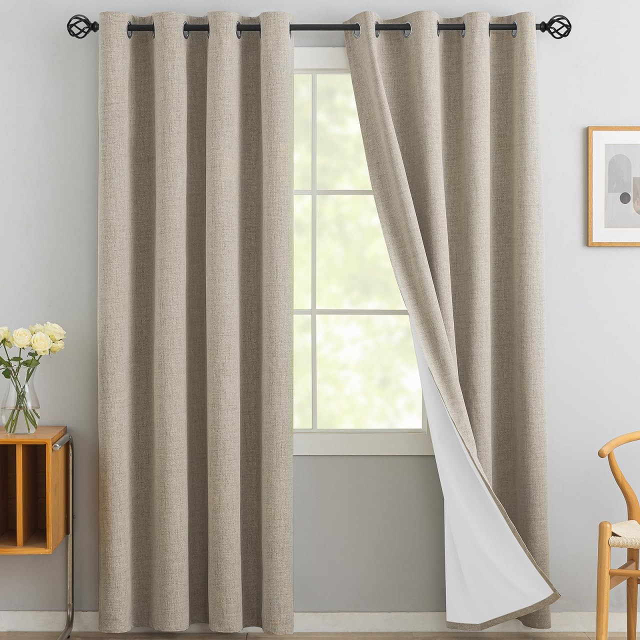 Natural Linen Curtains 100% Blackout 84 Inches Long,Room Darkening Textured C…