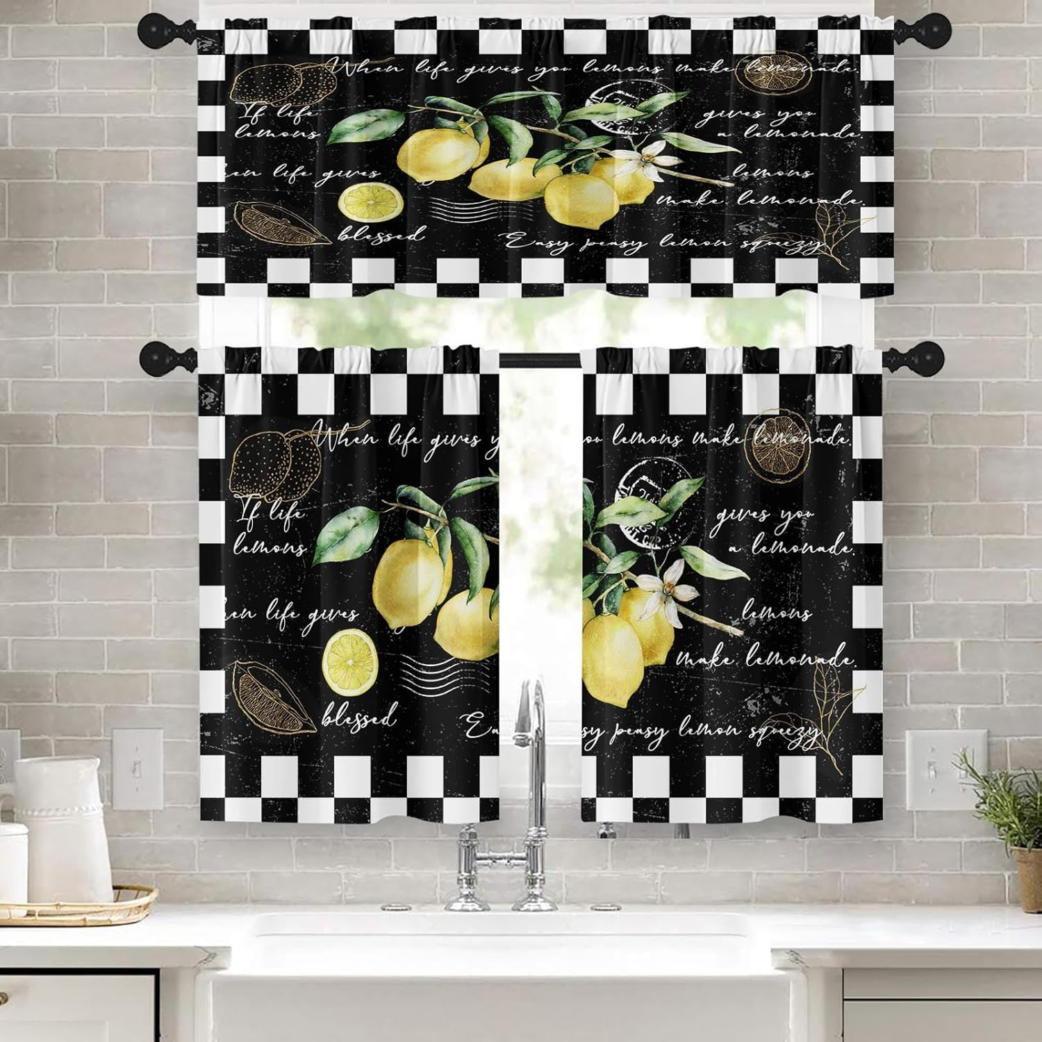 Lemon Kitchen Window Curtains Valance and Tier Set 36 Inch Fruit Black White Che