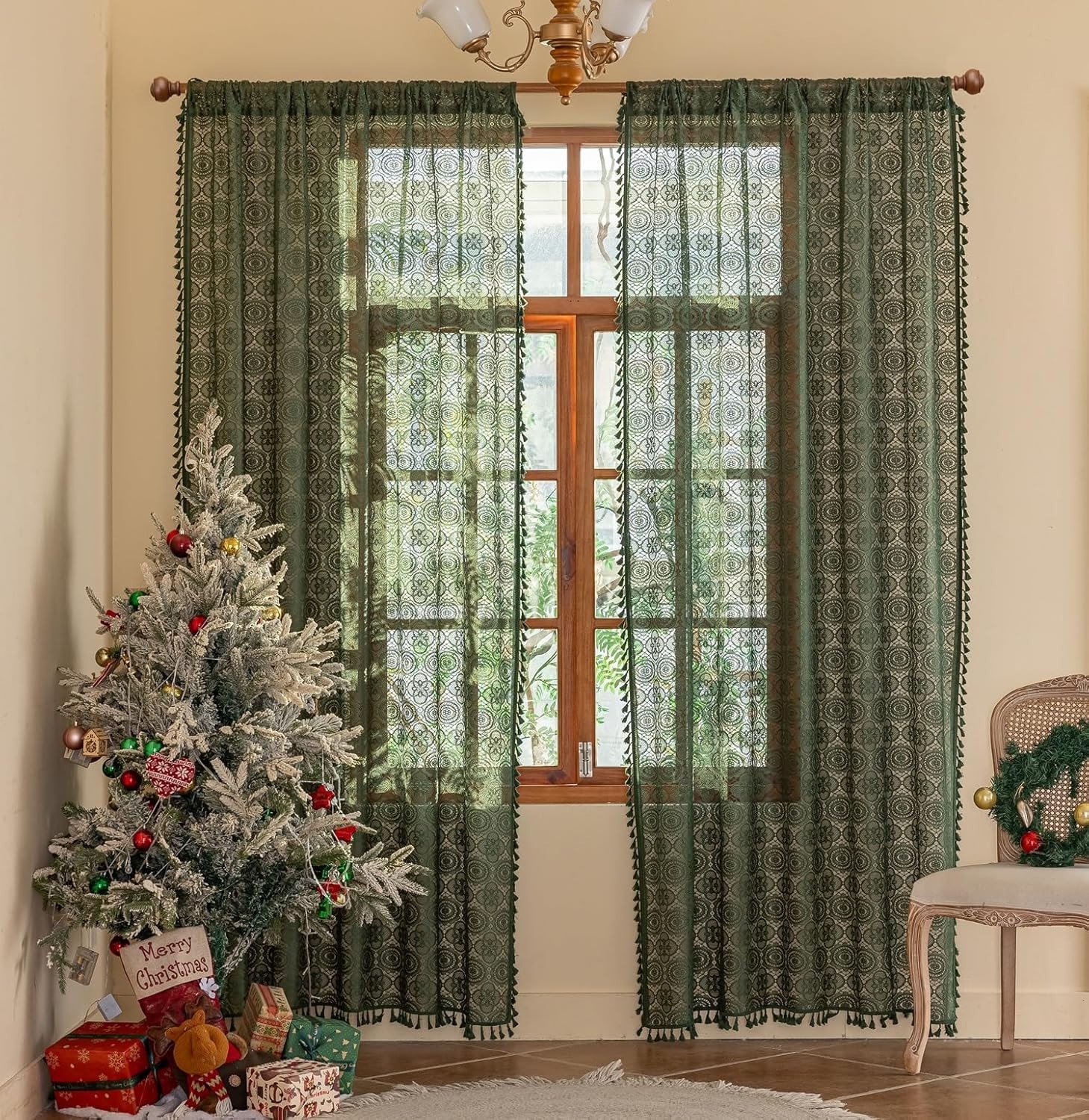 Dark Green Lace Curtains 84 Inch Long for Living Room 2 Panels Vintage Boho L…