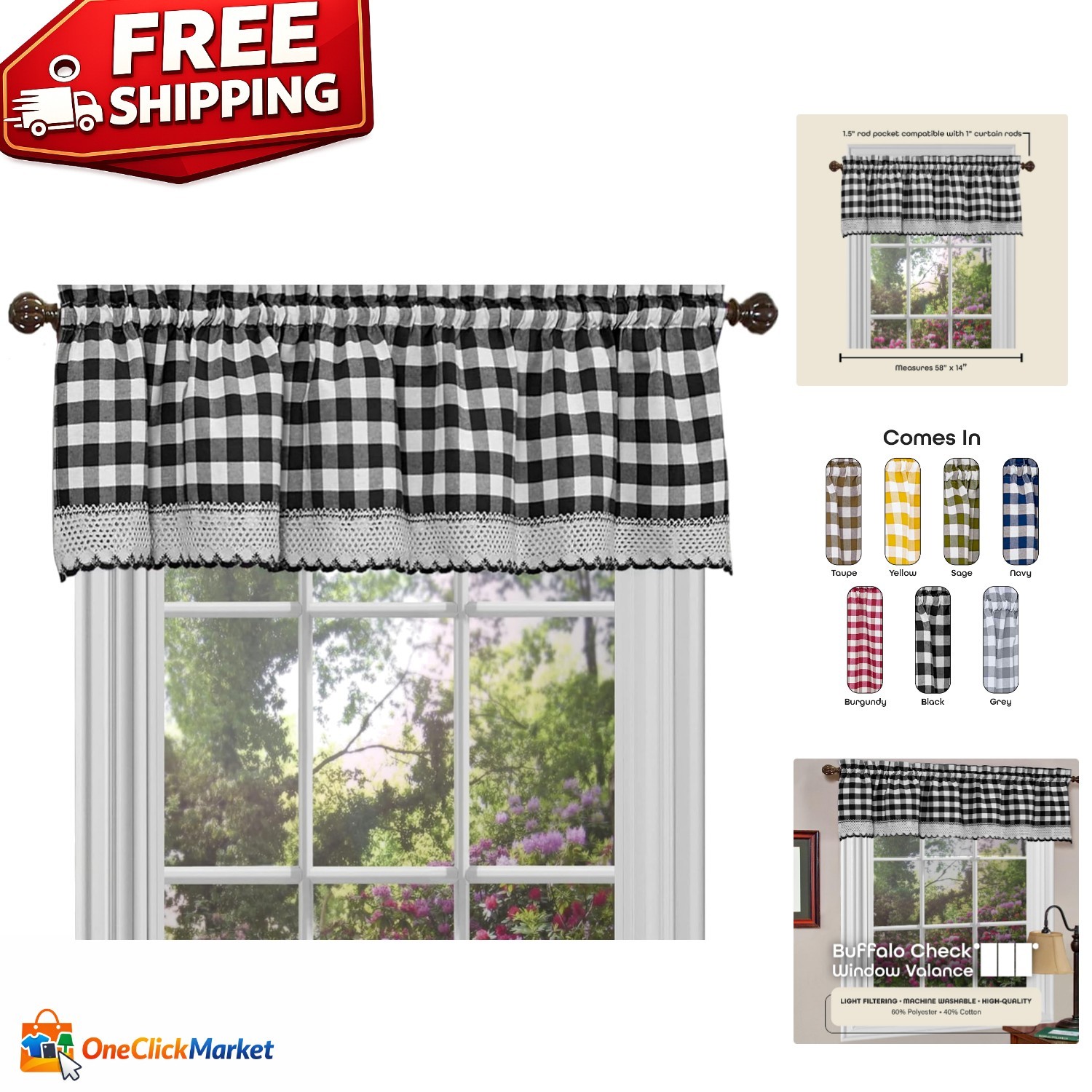 Buffalo Check Valance Curtains – 58″W x 14″L – Light Filtering Farmhouse Style
