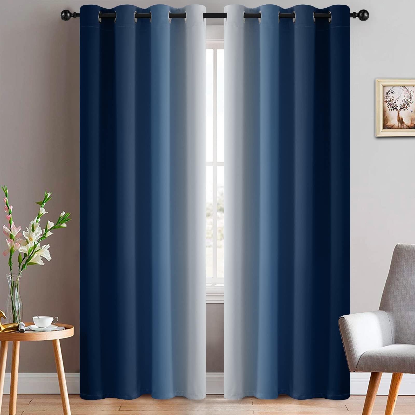 Ombre Curtains Blue and Greyish White for Living Room,52Wx84L