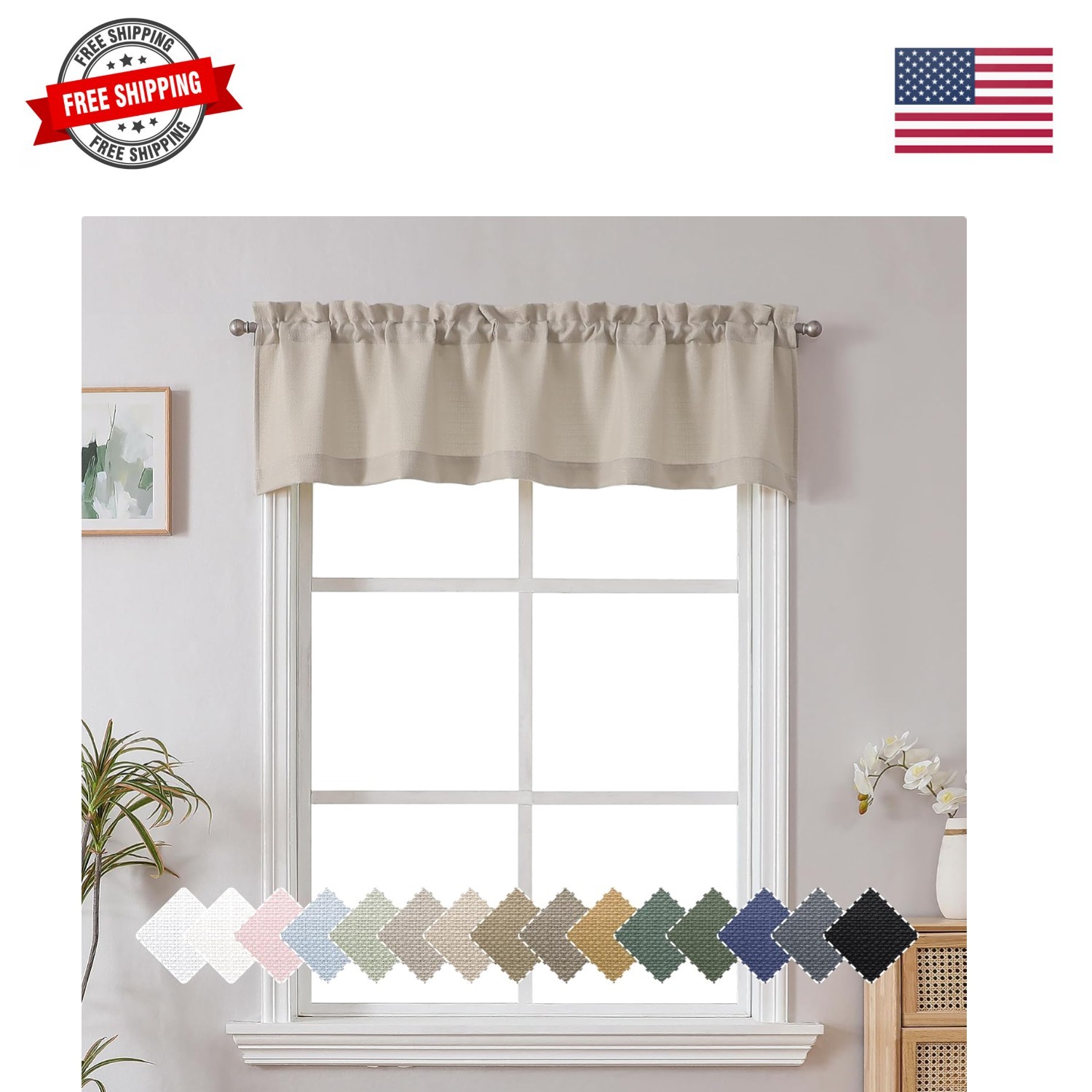 Moon Beige Valance for Windows, Light Filtering Faux Linen Textured Small Win…