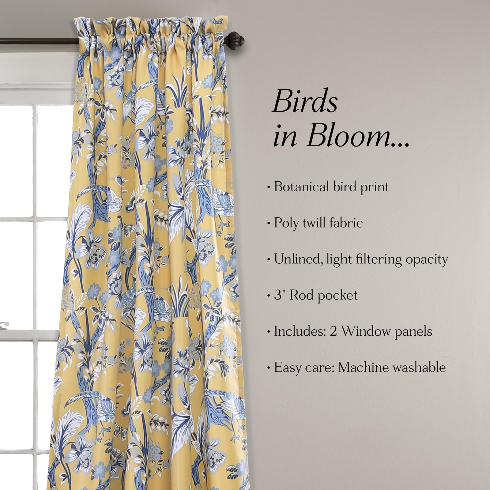 Dolores Light Filtering Window Panels, Pair, 52″ W x 84″ L, Yellow – Floral C…