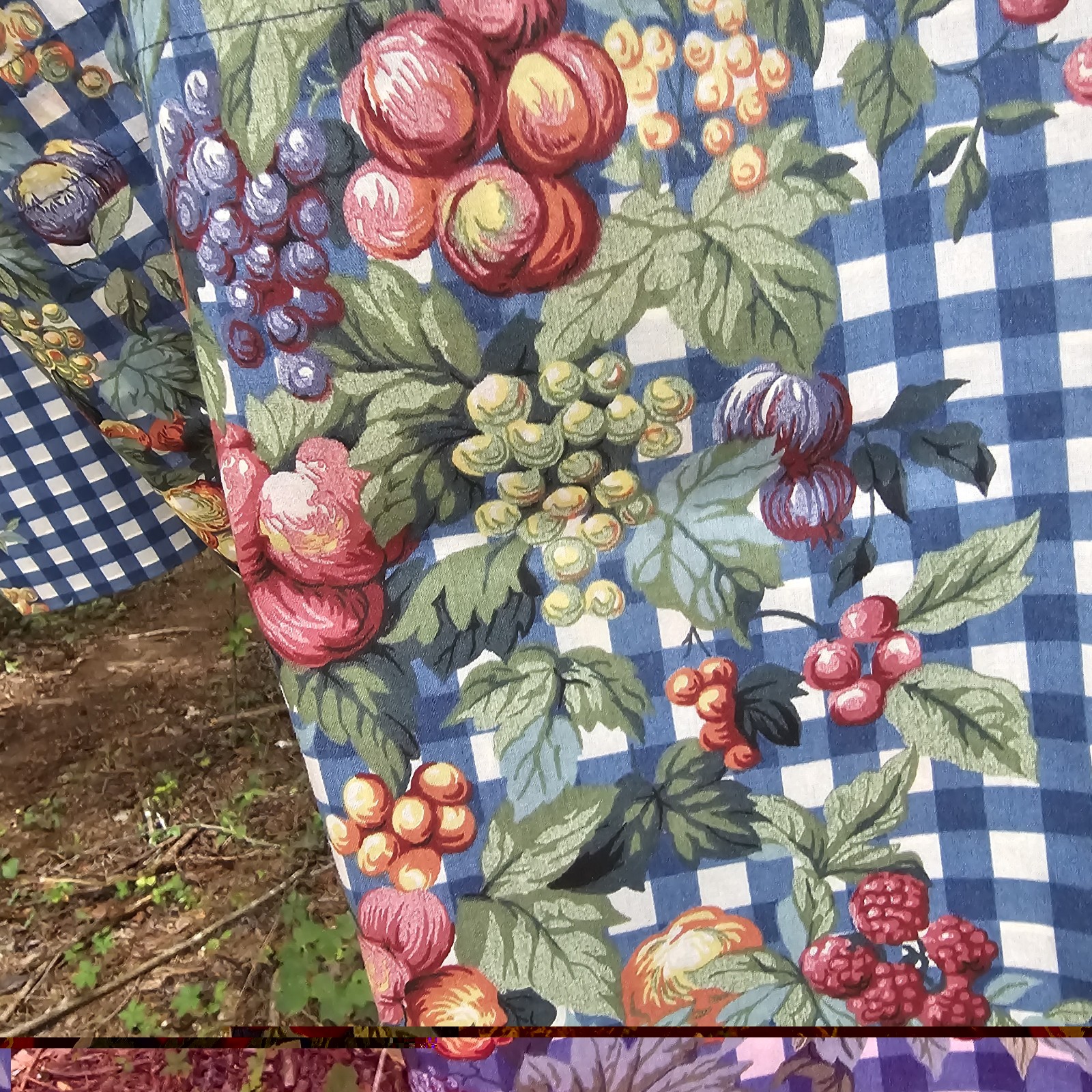Vintage JCPenney Fruit & Blue Gingham Window Valance 90×14 Cottage Farmhouse