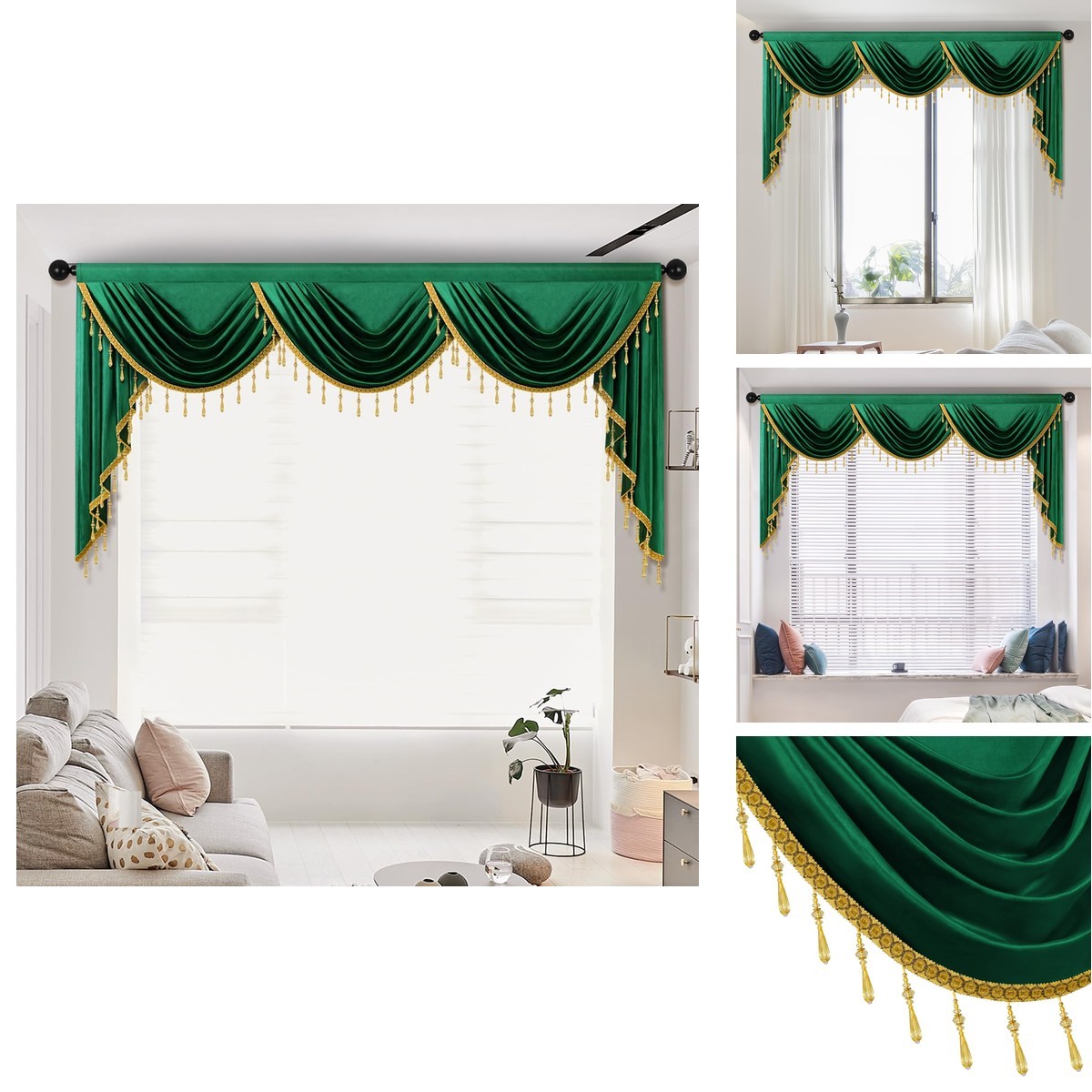 Elkca Luxury Dark Green Velvet Curtain Valances For Living Room Beads79Inch1