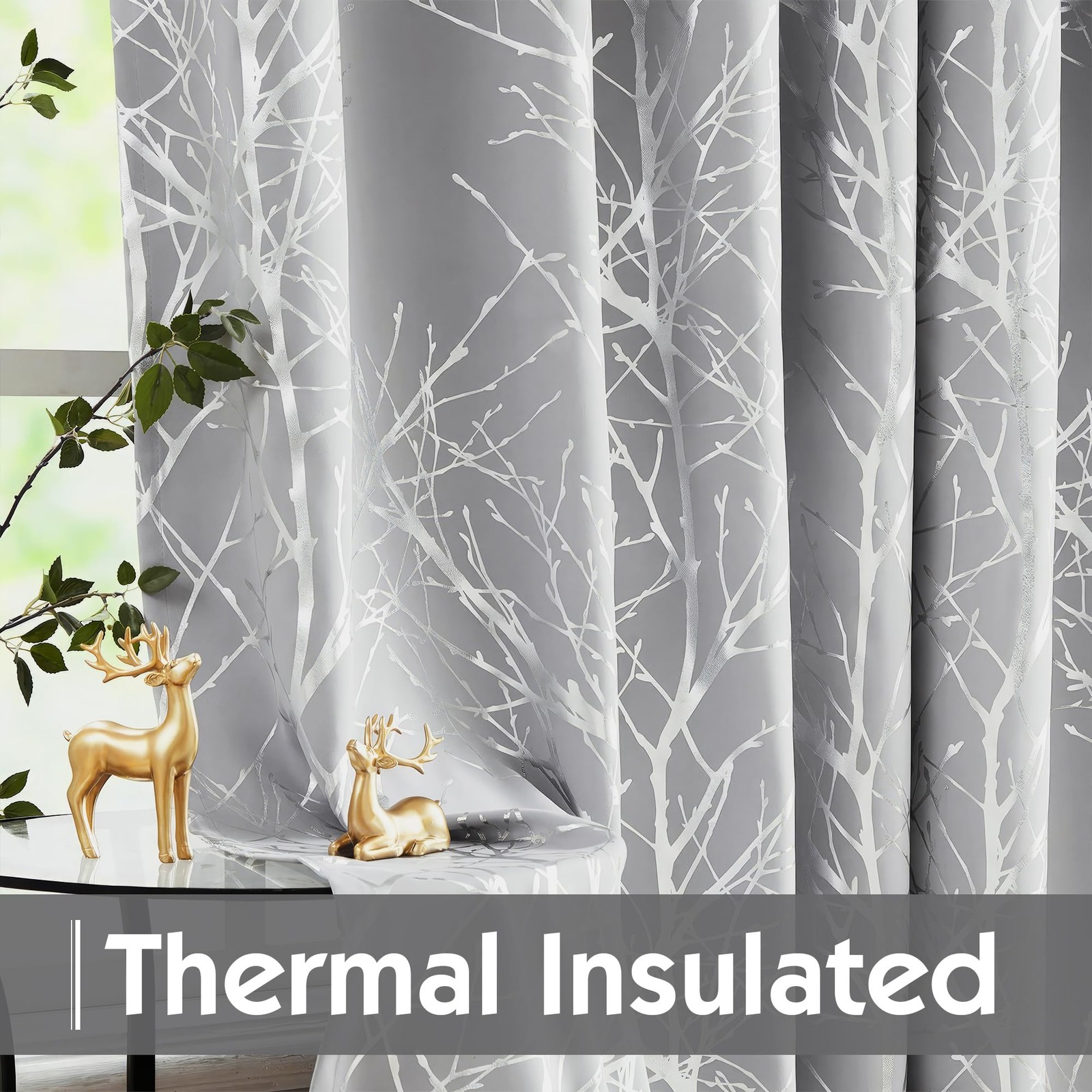 FMFUNCTEX Silver Tree Grey Blackout Curtains 63 inches for Bedroom Living Room M