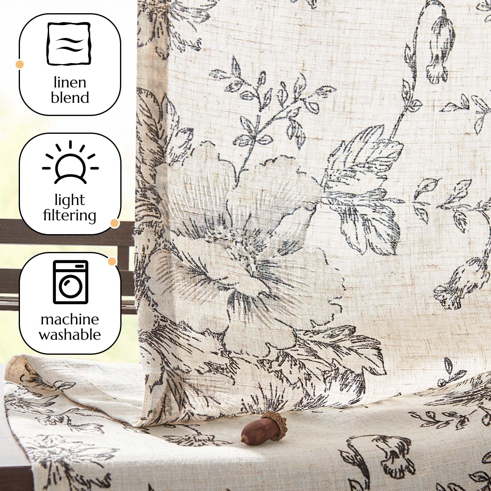 Linen Valance Curtain Farmhouse Black Floral Window Valance for Bedroom, 16 I…