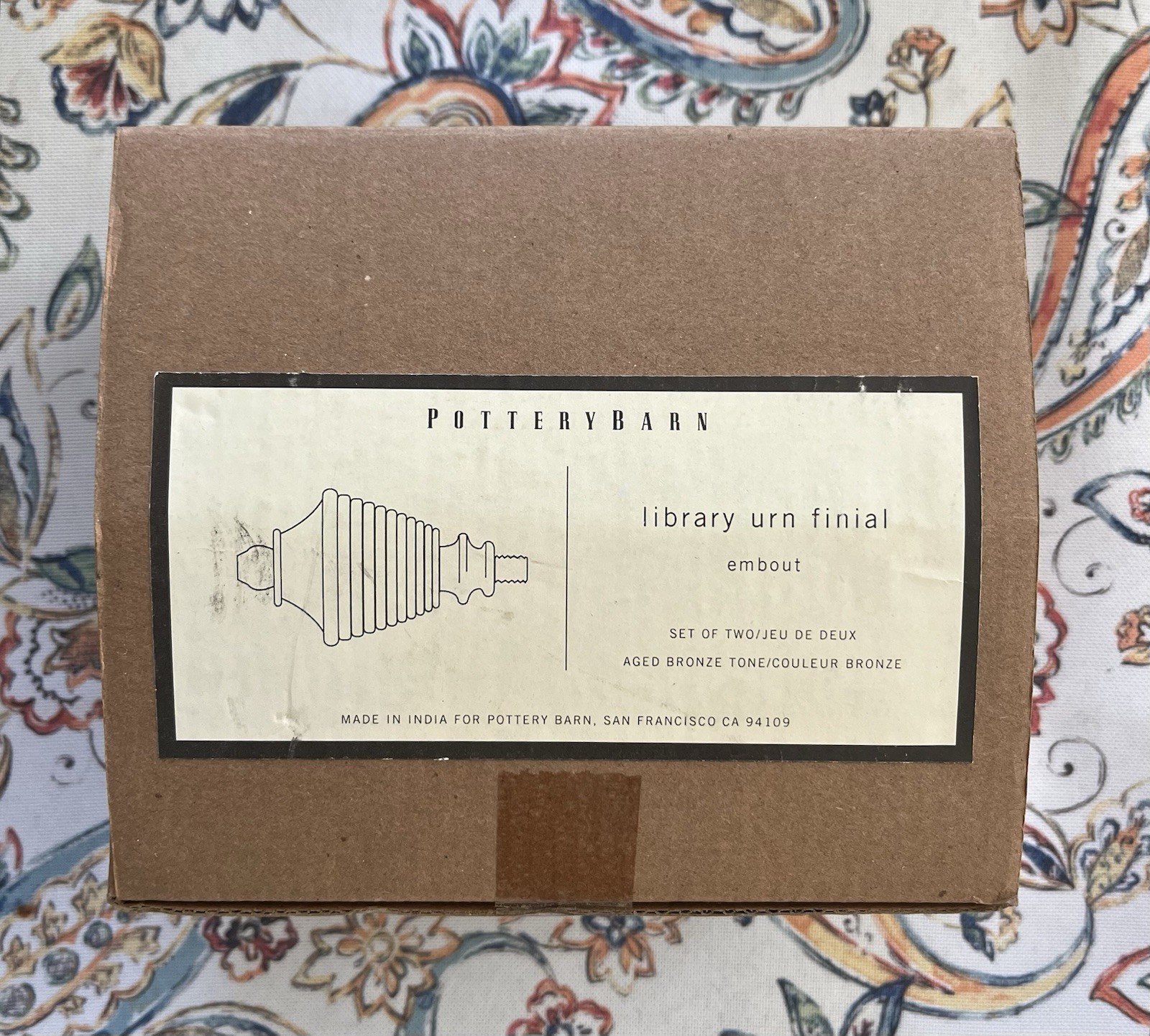POTTERY BARN Library Urn Finials Aged Bronze Wooden Mahogany New in Box