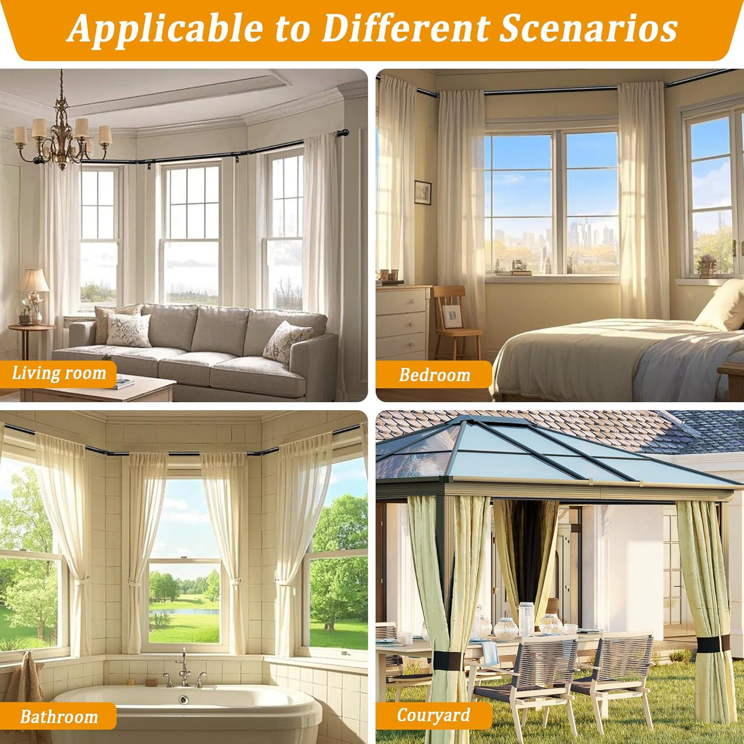 U Shape Heavy Duty Curved Curtain Rods adjust to fit most size for 3 Bay Windows