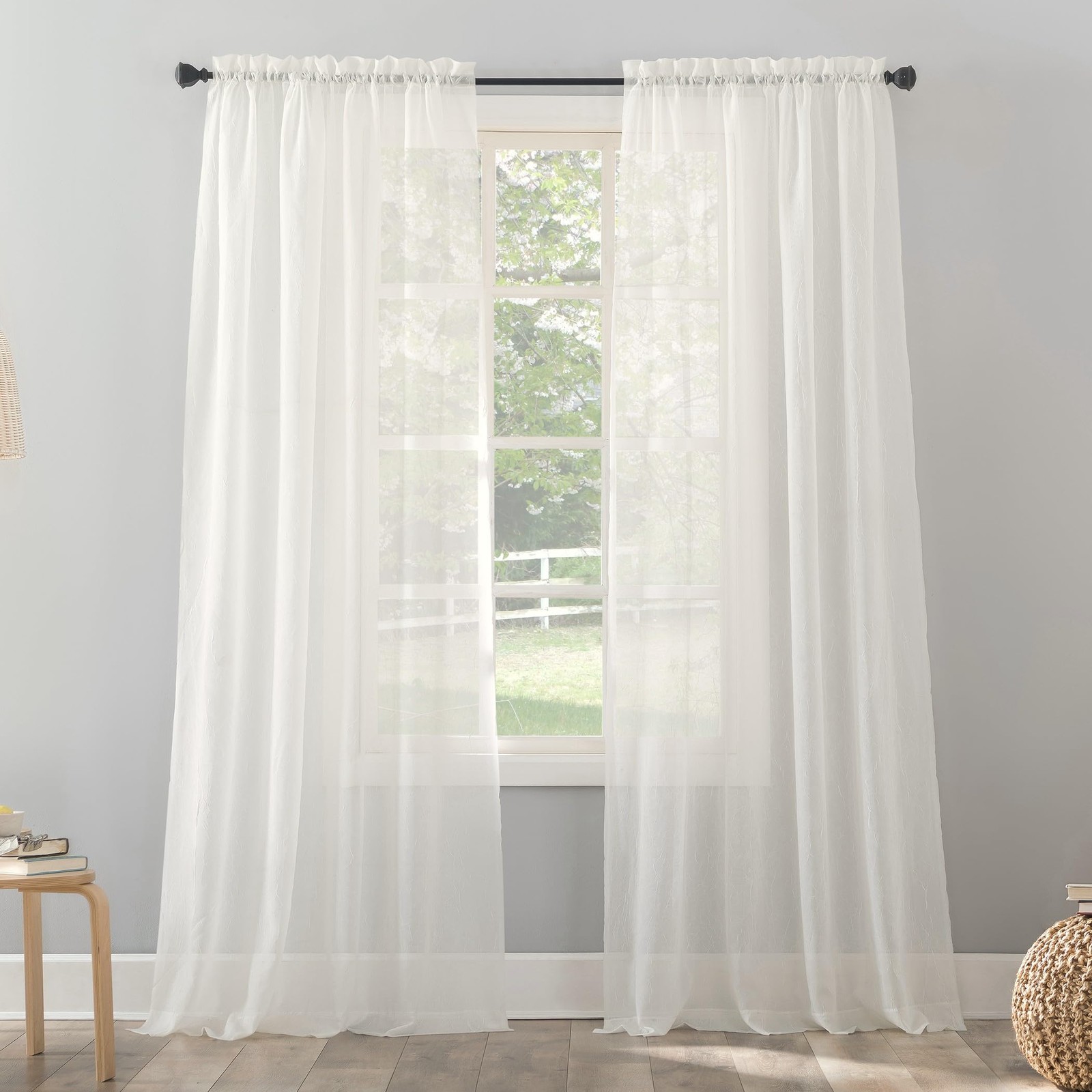Erica Crushed Sheer Voile Rod Pocket Curtain Panel, 51″ x 95″, Eggshell Off-W…