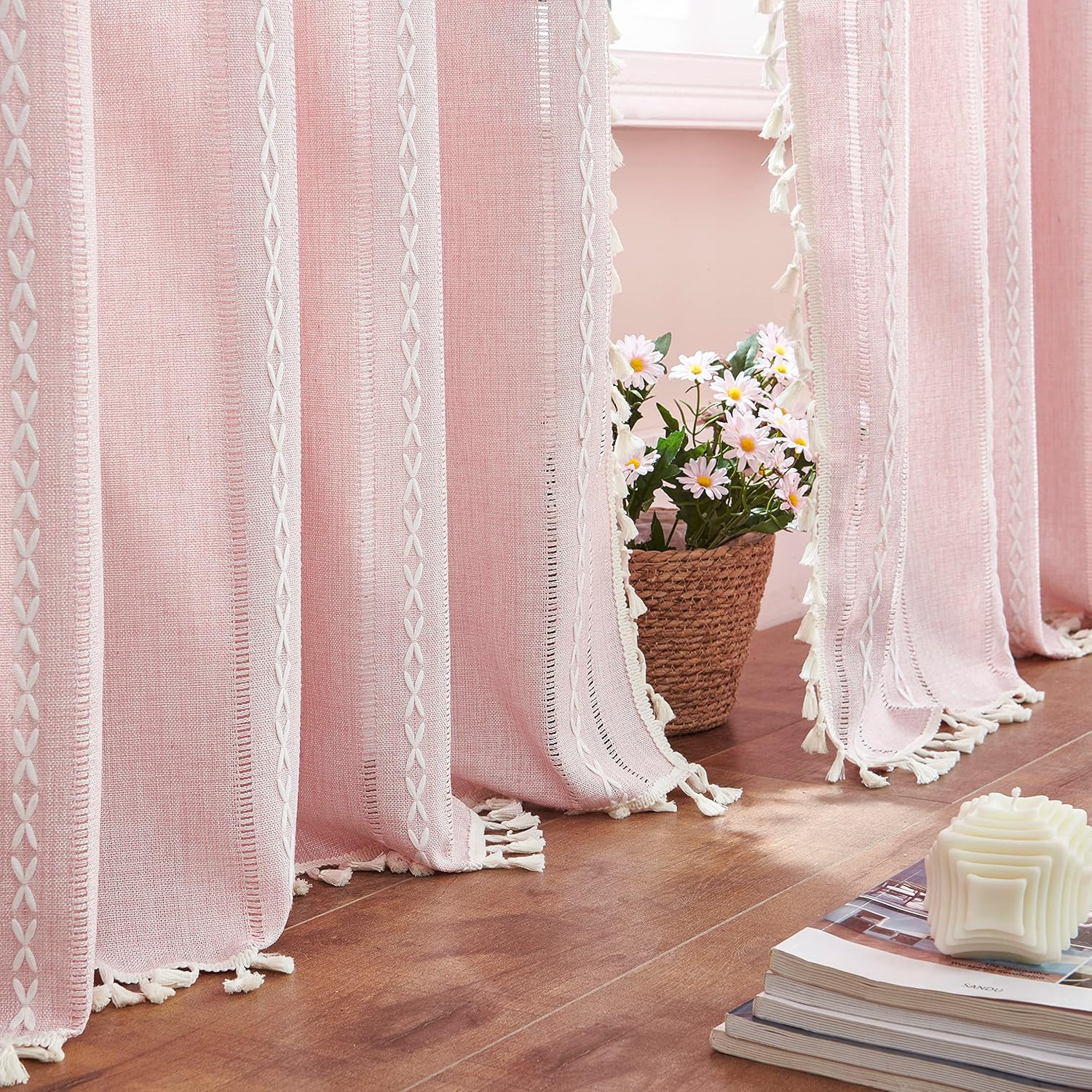 Linen Boho Pink Embroidered Curtains For Girls Bedroom & Nursery – 84″ Long