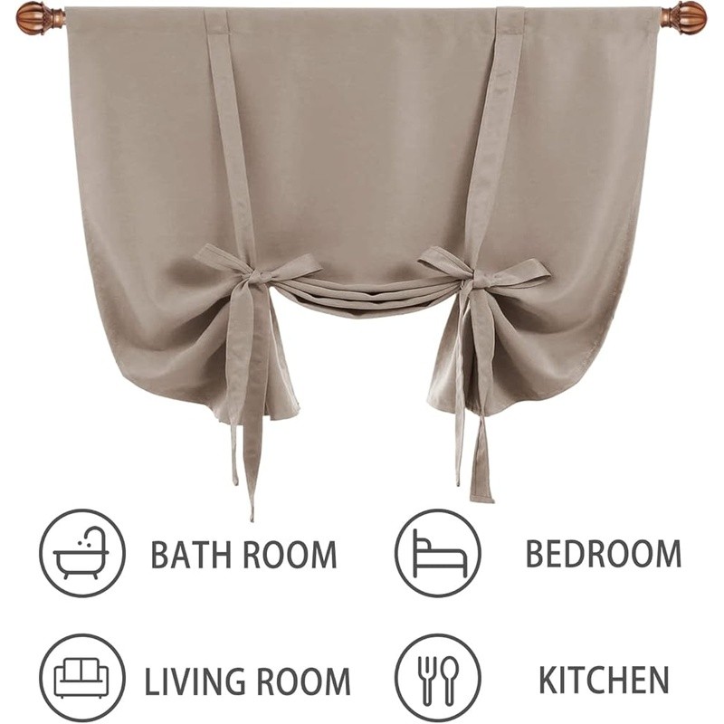 Adjustable Blackout Tie Up Curtains Soft Polyester Drapes Home Window Treatment