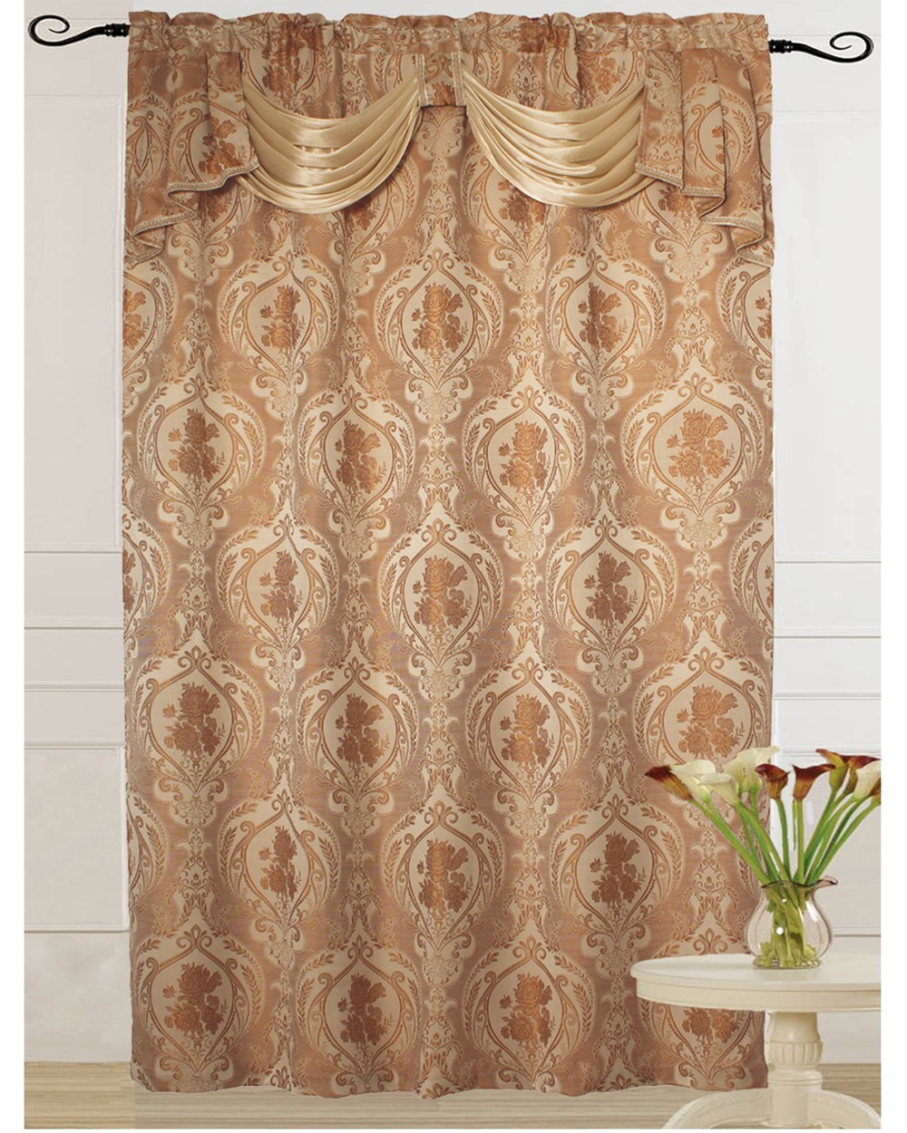 ROSA Luxury Jacquard Curtain Panel with Attached Waterfall Valance 54″ X 84″