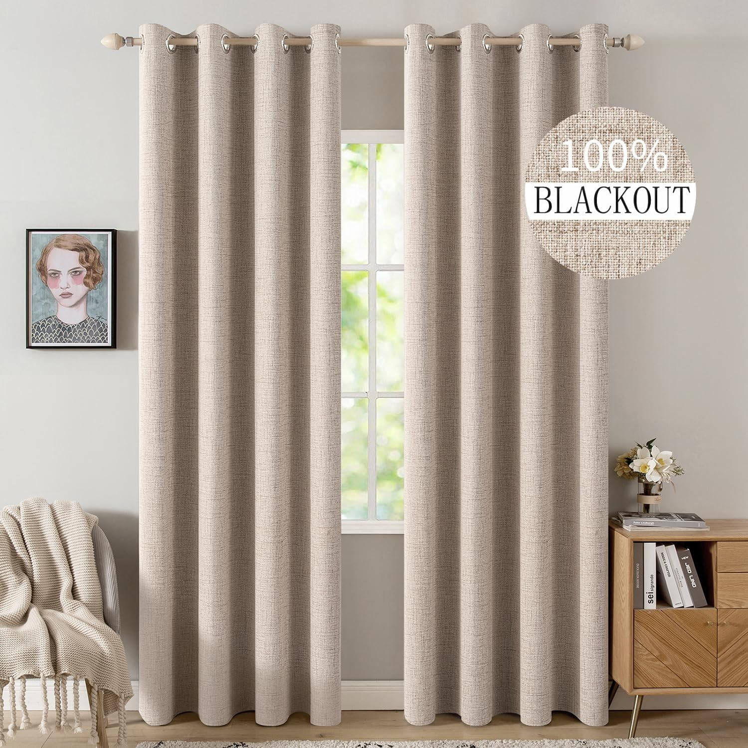 MIULEE 100% Blackout Linen Textured Curtains for Bedroom Solid Thermal Insulated