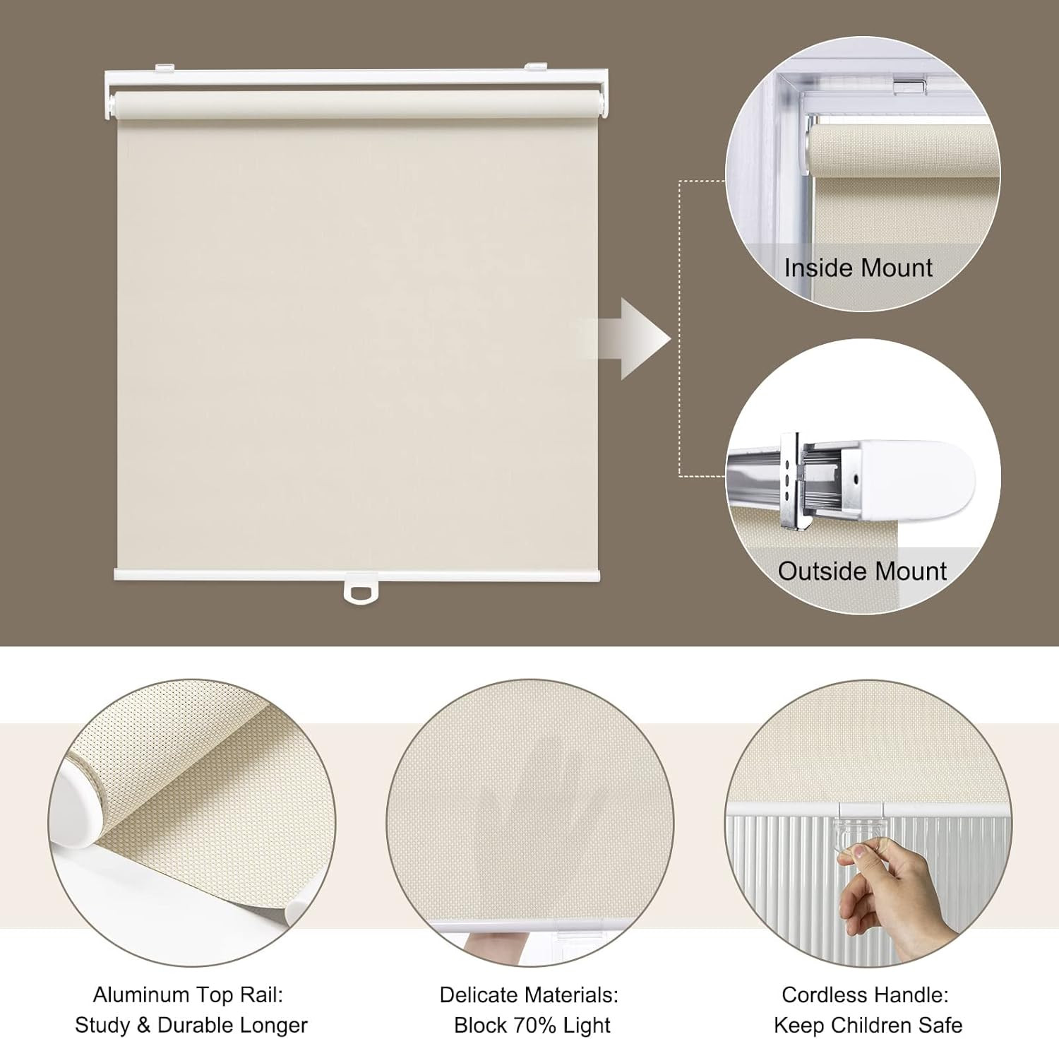 Cordless Light Filtering Roller Shades 46″ W X 72″ H Beige