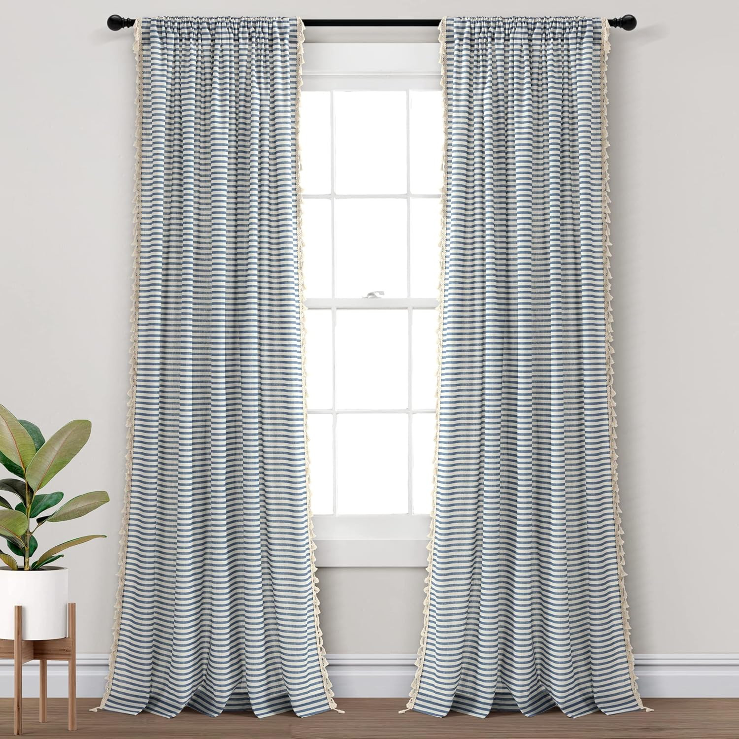Boho Coastal Blue Ticking Stripe Tassel Curtain Panel Pair, 52″ x 84