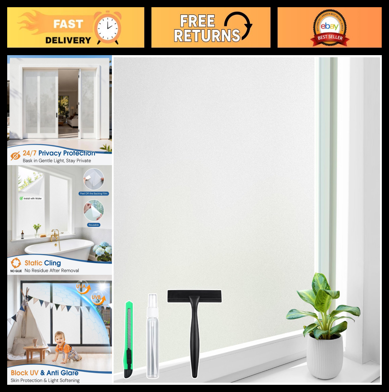 Frosted Glass Window Privacy Film – UV Blocking, Static Cling, Removable, 17.5″