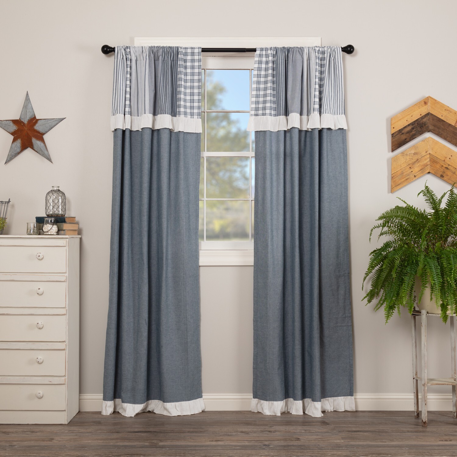 Sawyer Mill Blue Chambray Panel Set w/ Attached Patchwork Valance 84″ Long Last1