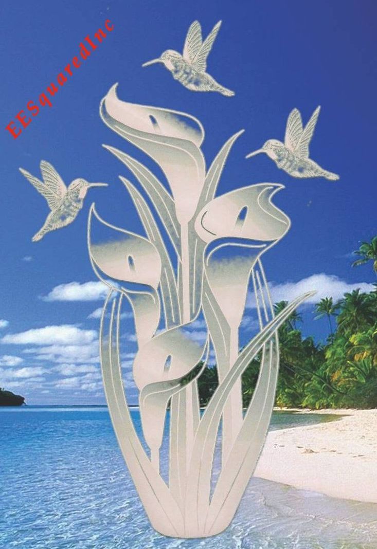 Lily and Hummingbirds Window Decal Oval 10×16 Static Cling Glass Door Decor