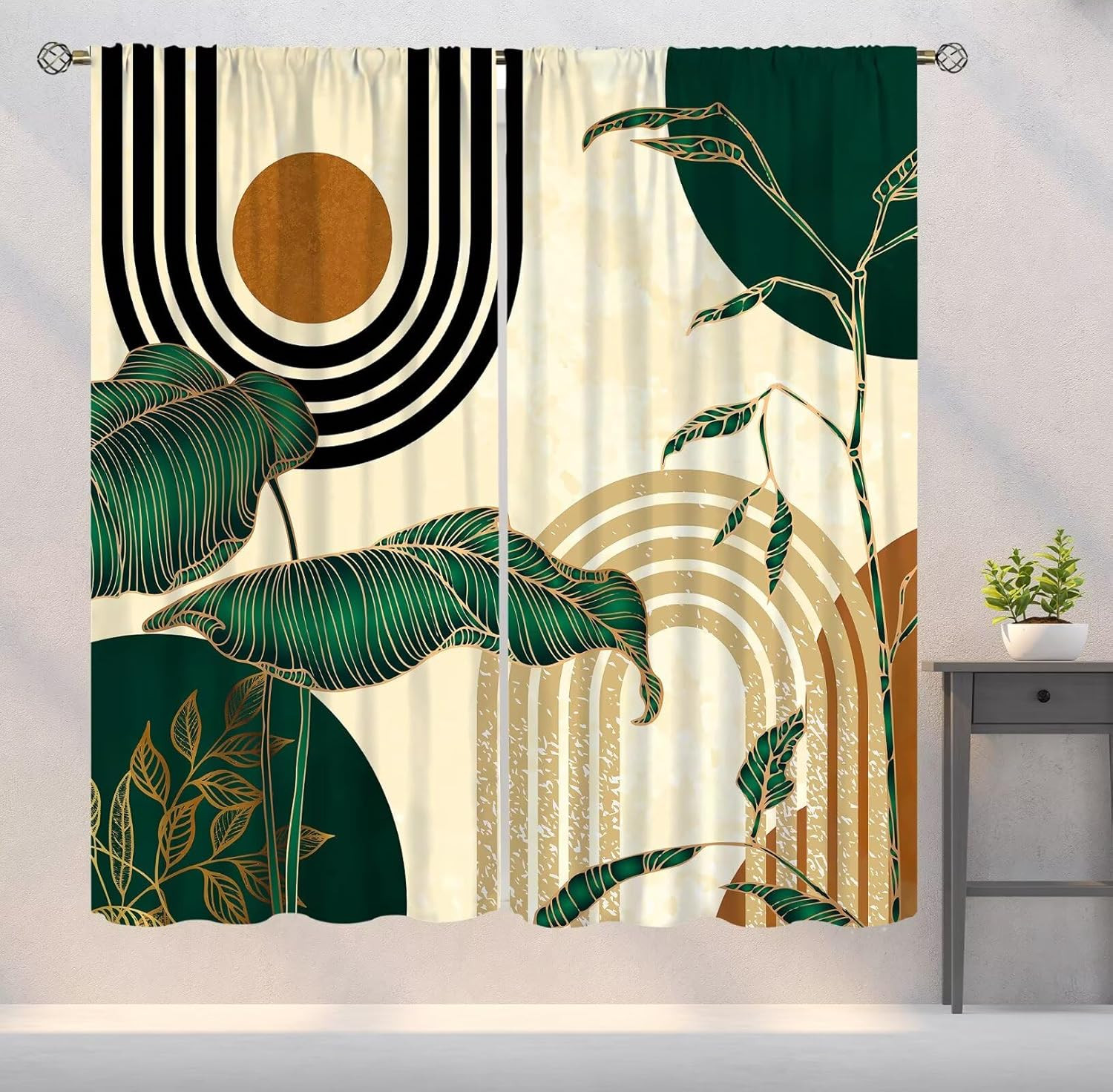Green Boho Modern Curtains,Abstract Minimalist Retro Mid Century Art Printed Win