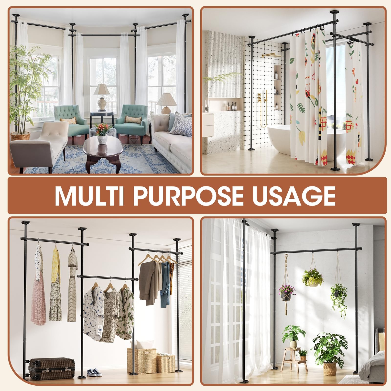 SUNALLY Room Divider Curtain Rod No Drill Adjustable 28-171in Black Stand