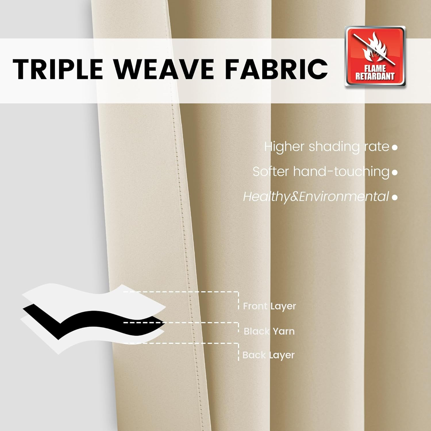Beige Room Darkening Fire Resistant Curtains – 2 Panels, 52×84 In