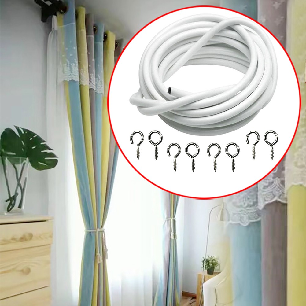 3m White Expanding Curtain Wire w/ 4 Hooks & 4 Eyes For Light Weight Curtains