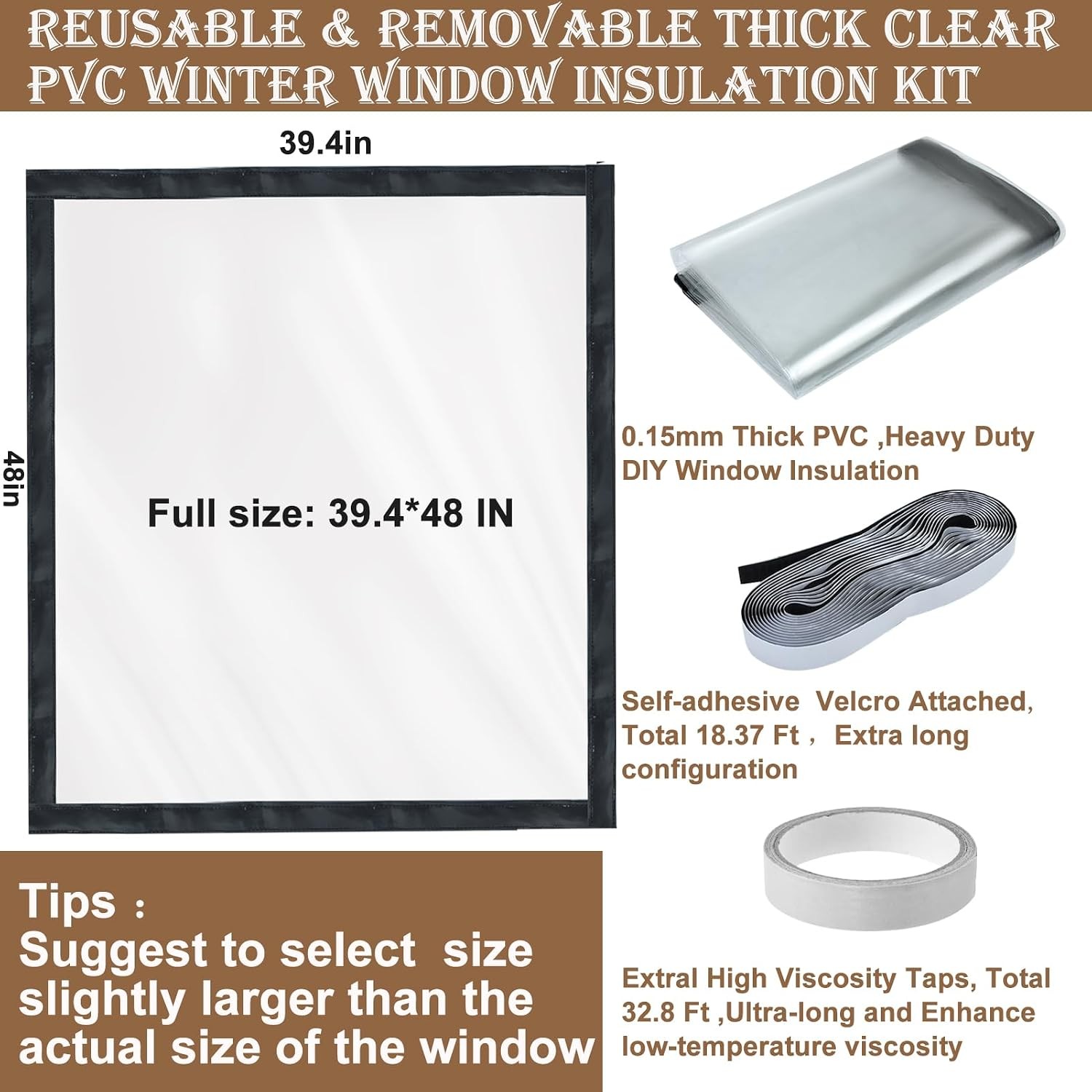 39” x 48” Adjustable Plastic Insulated Window Cover Seal Kit Winter Insulation