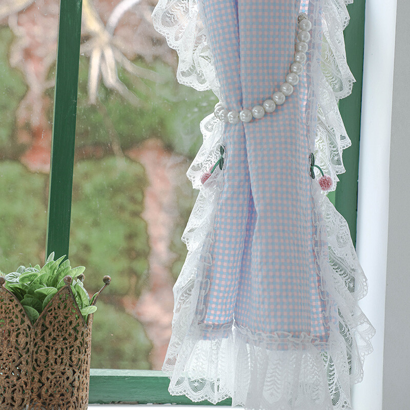1 Panel Lace Checked Curtains Balcony Short Curtain Rod Pocket Light Filtering