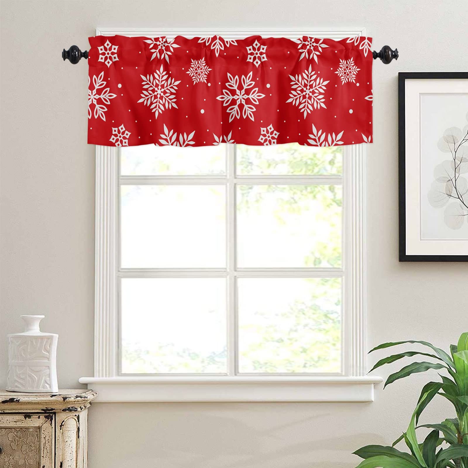 Christmas Window Curtain Valance for Kitchen Bedroom, Snowflakes Printed Red …