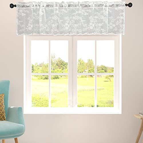 Sheer Lace Valance for Kitchen Window Mesh Rod 60″W x 18″L (Pack of 1) White