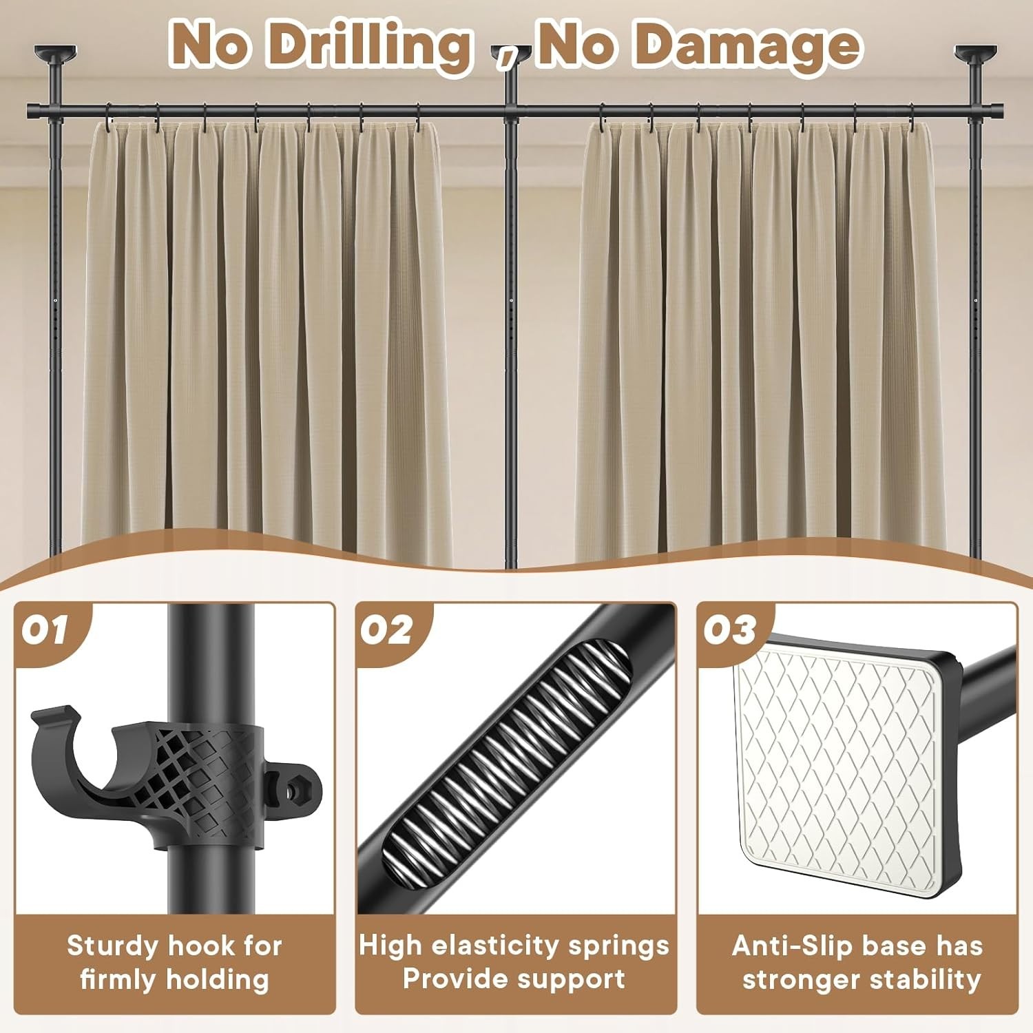 Room Divider Curtain Rod No Drilling Tension for Separation Tension Mounted New