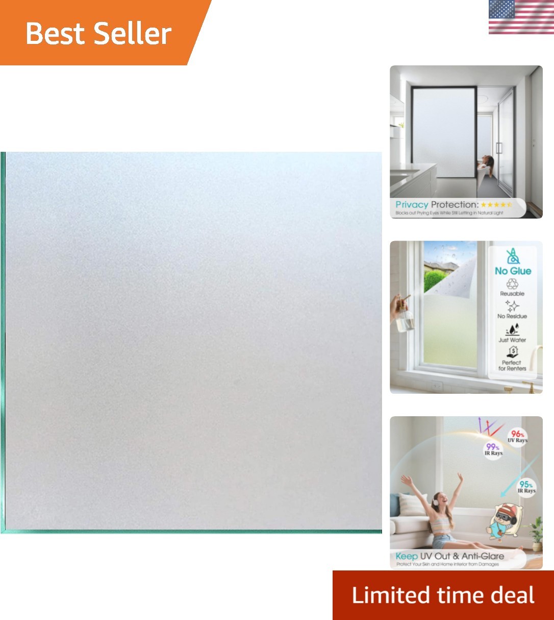 Frosted Glass Window Privacy Film Day and Night, Static Cling No Glue, Anti-G…