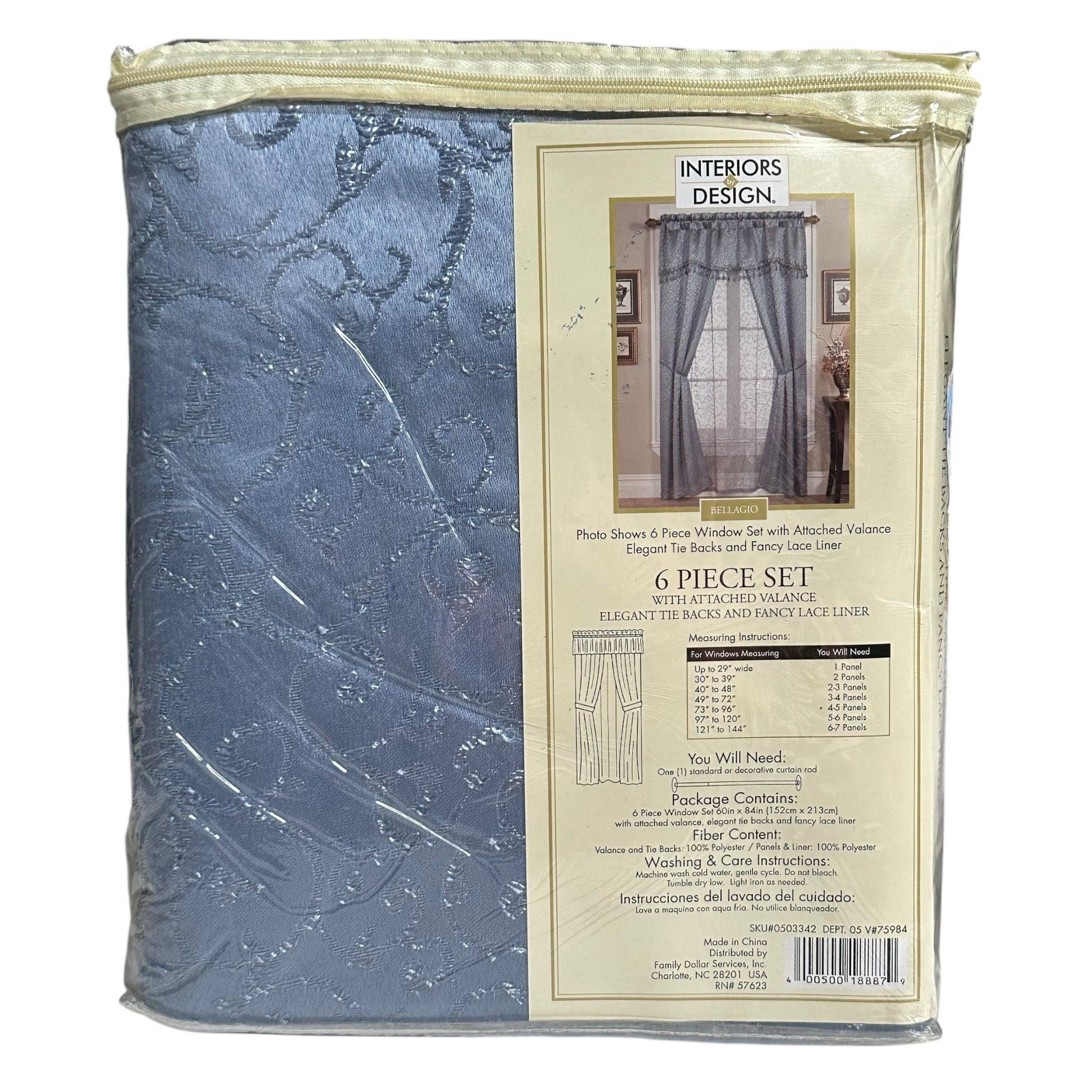 6 Piece Window Curtain Set BELLAGIO Blue Valance Tie Backs Lace Liner Elegant A3